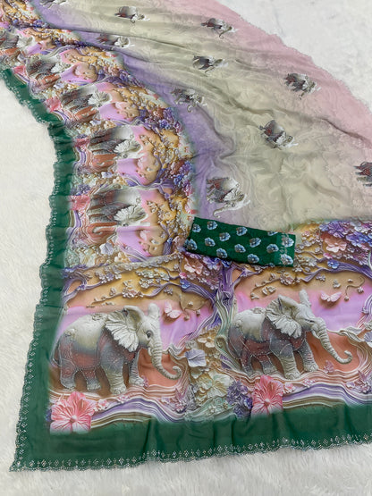 NIRALI Georgette Digital Floral Printed Saree - Bottle Green