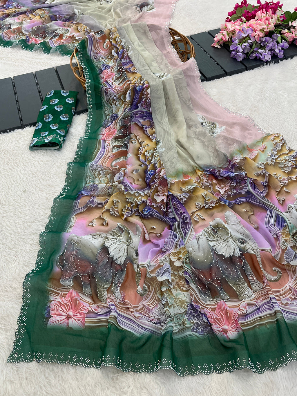 NIRALI Georgette Digital Floral Printed Saree - Bottle Green
