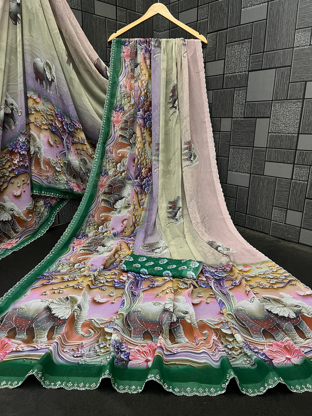 NIRALI Georgette Digital Floral Printed Saree - Bottle Green