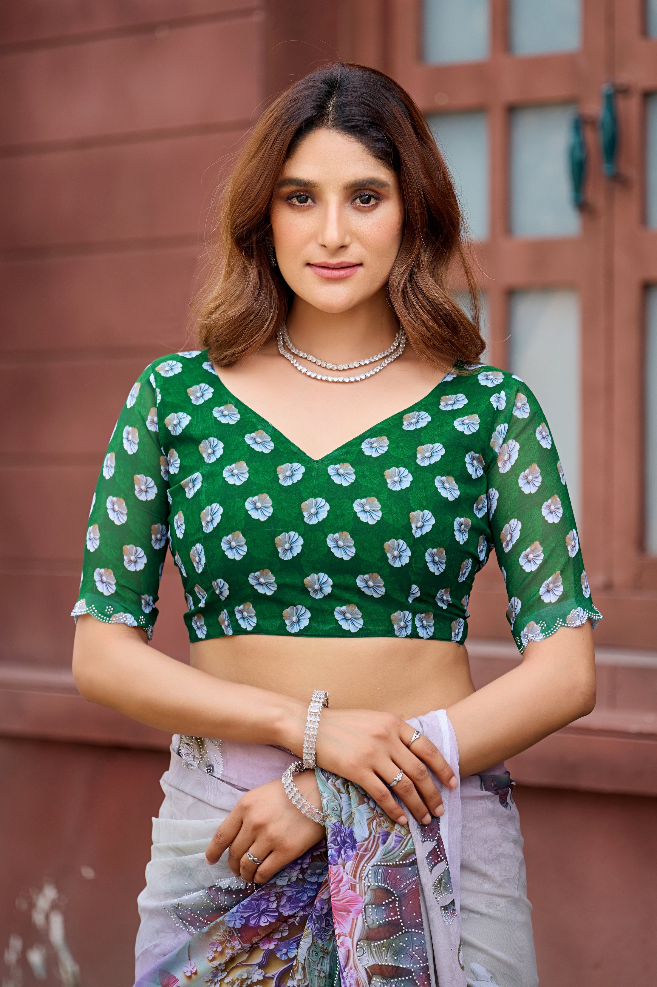 NIRALI Georgette Digital Floral Printed Saree - Bottle Green