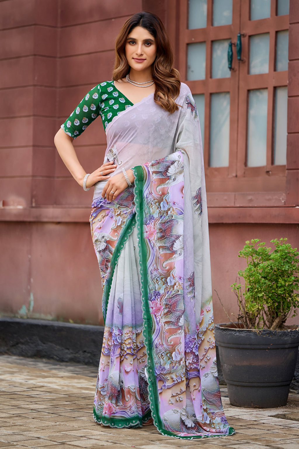 NIRALI Georgette Digital Floral Printed Saree - Bottle Green