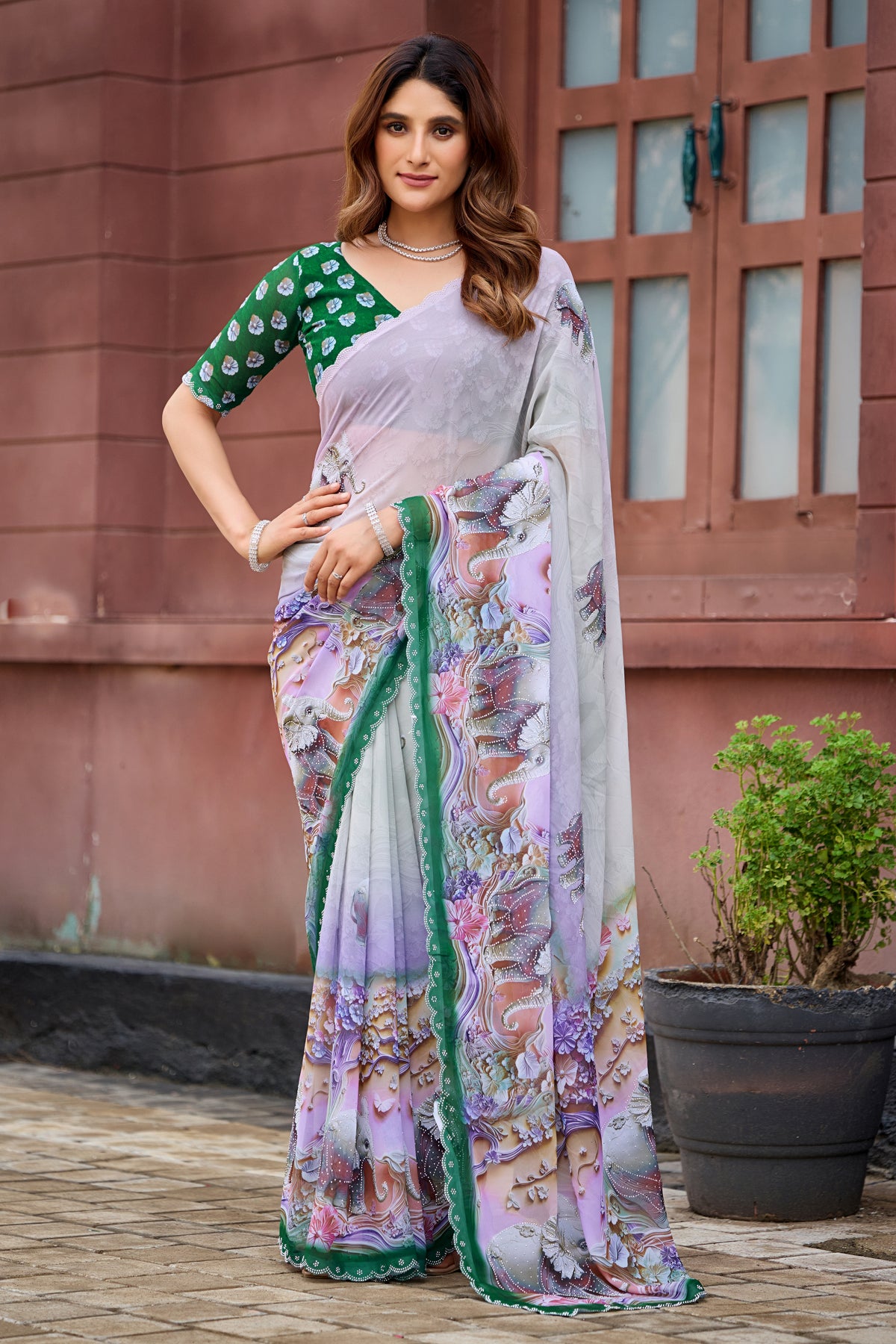 NIRALI Georgette Digital Floral Printed Saree - Bottle Green