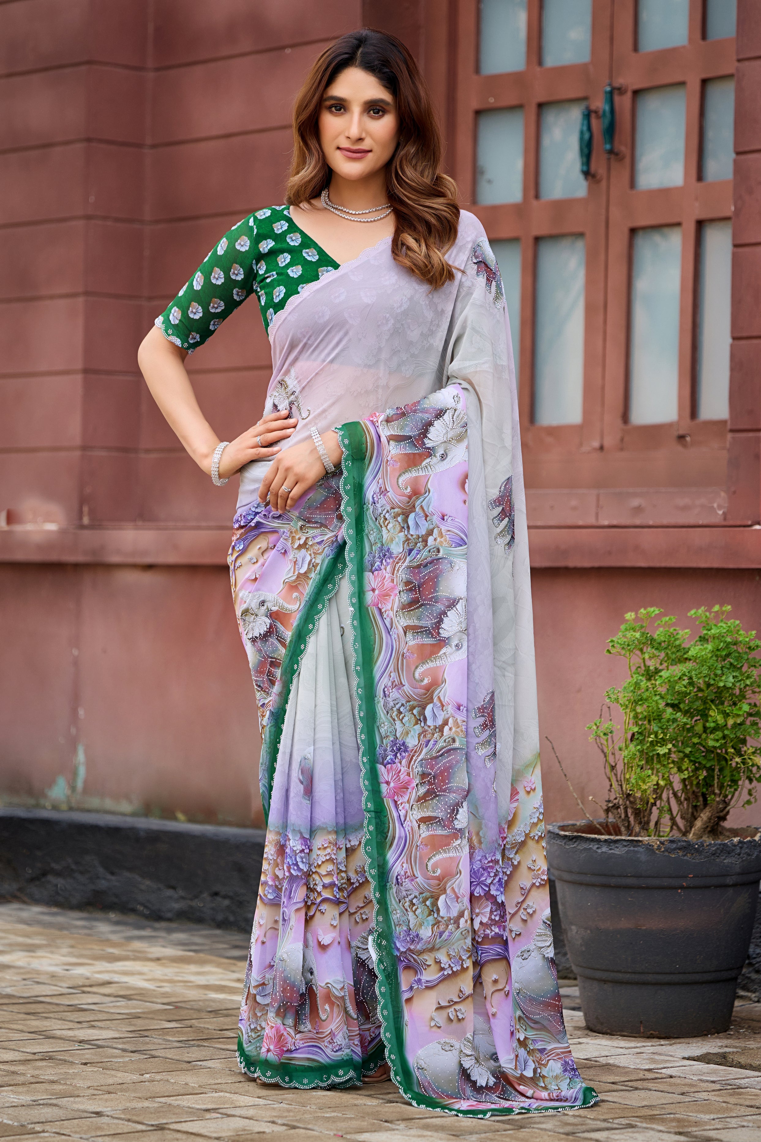NIRALI Georgette Digital Floral Printed Saree - Bottle Green