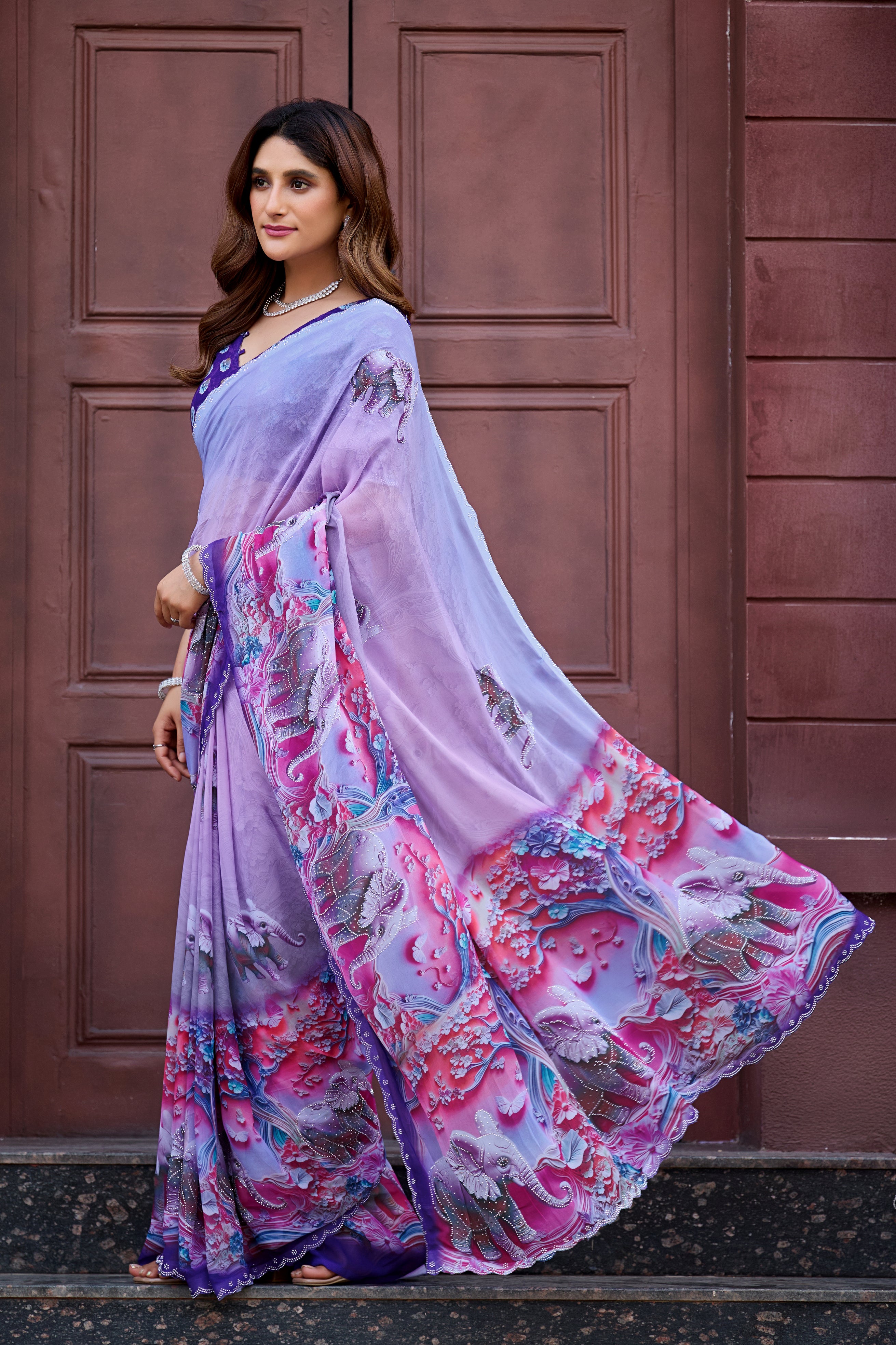 NIRALI Georgette Digital Floral Printed Saree - Jamli