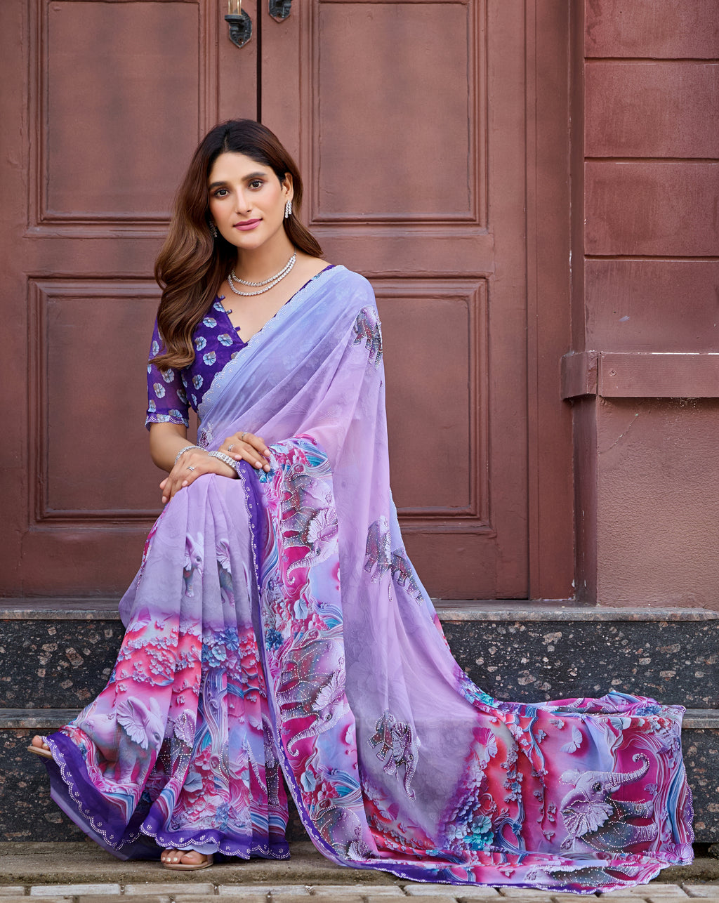 NIRALI Georgette Digital Floral Printed Saree - Jamli