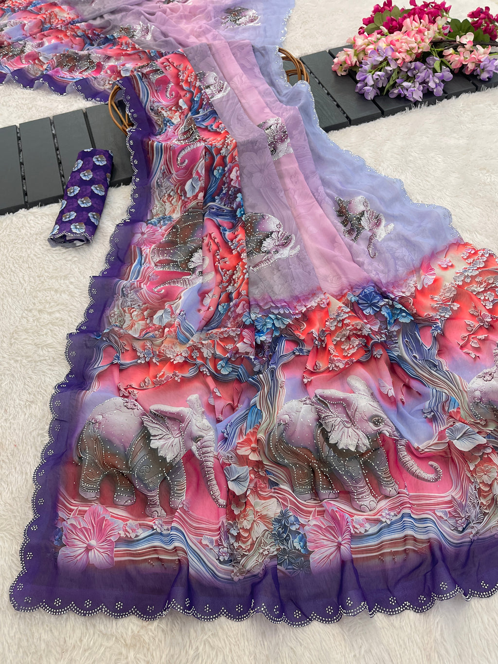 NIRALI Georgette Digital Floral Printed Saree - Jamli