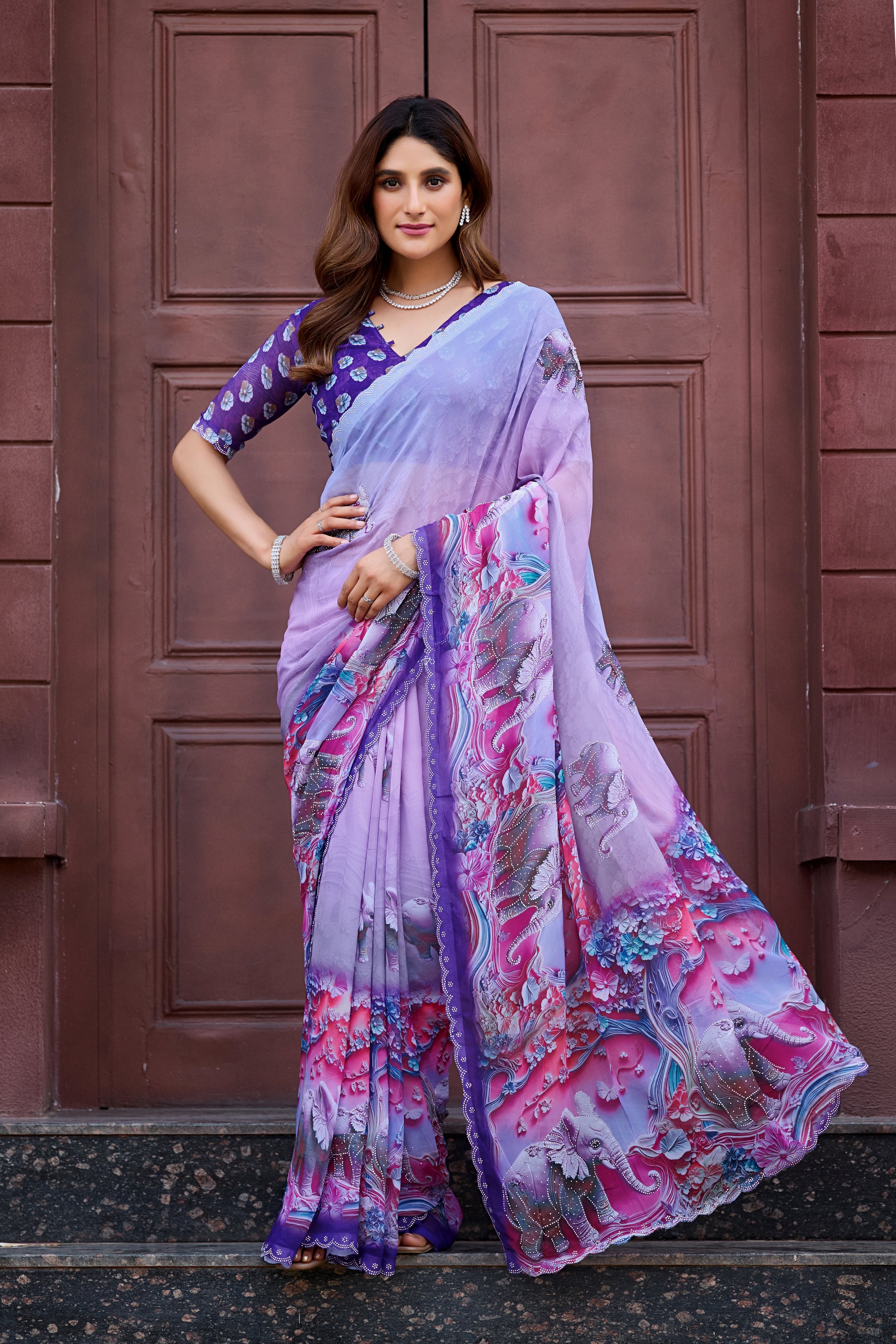 NIRALI Georgette Digital Floral Printed Saree - Jamli