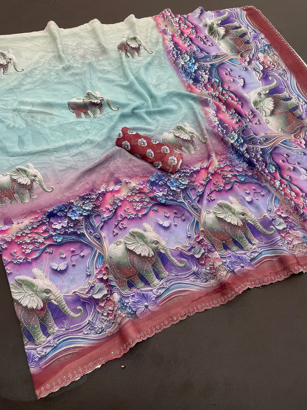 NIRALI Georgette Digital Floral Printed Saree - Maroon