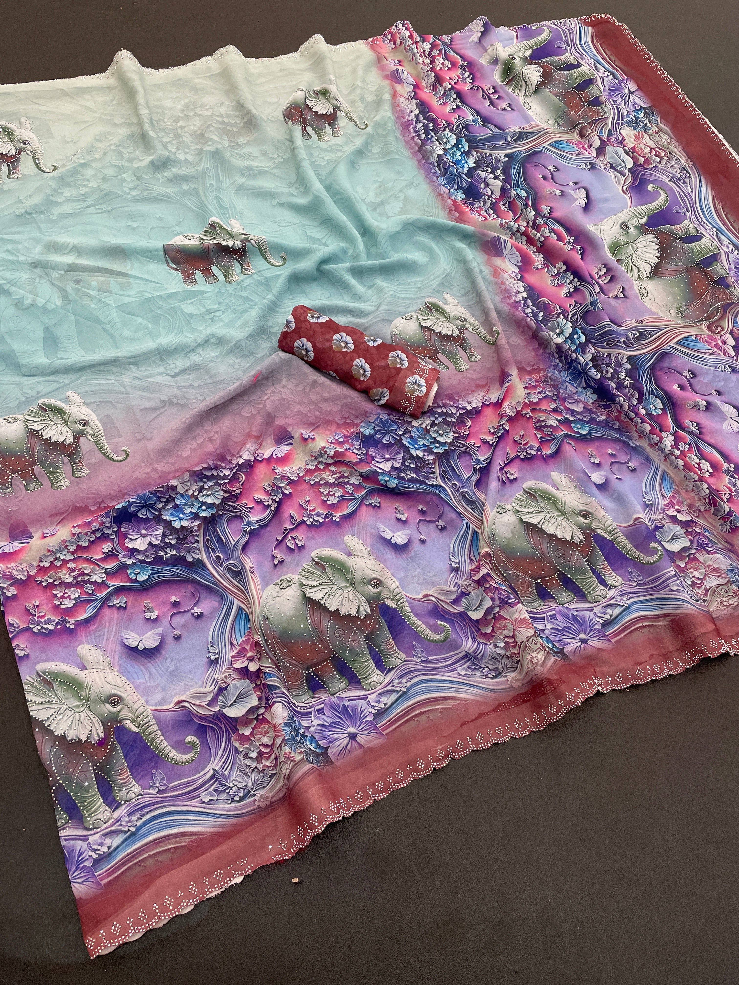 NIRALI Georgette Digital Floral Printed Saree - Maroon