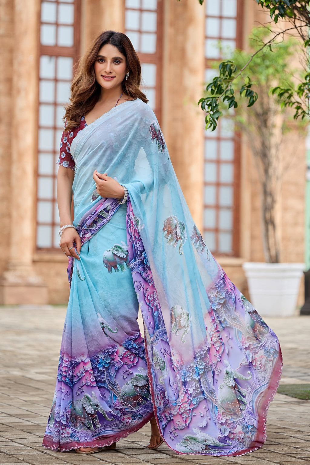 NIRALI Georgette Digital Floral Printed Saree - Maroon