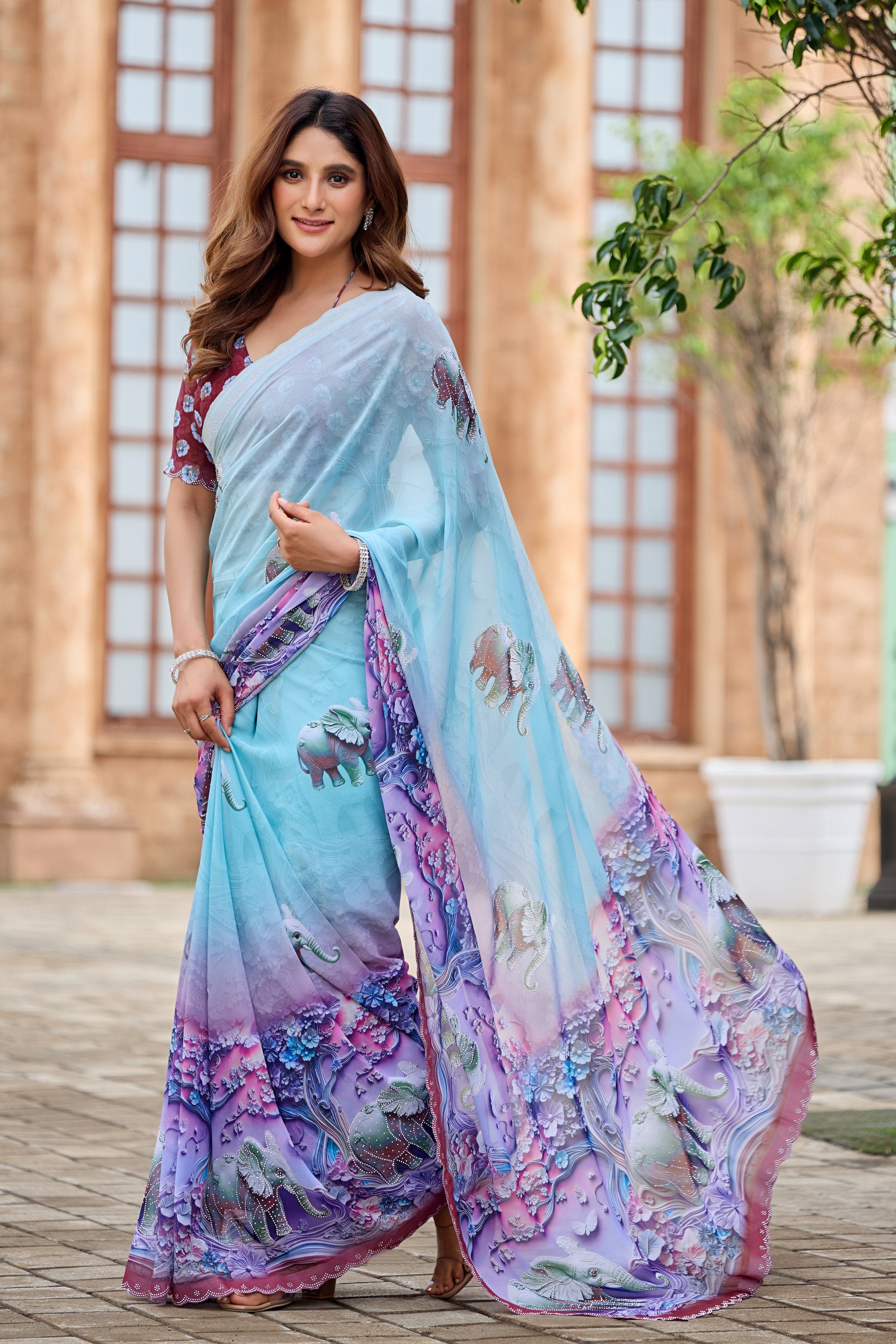 NIRALI Georgette Digital Floral Printed Saree - Maroon