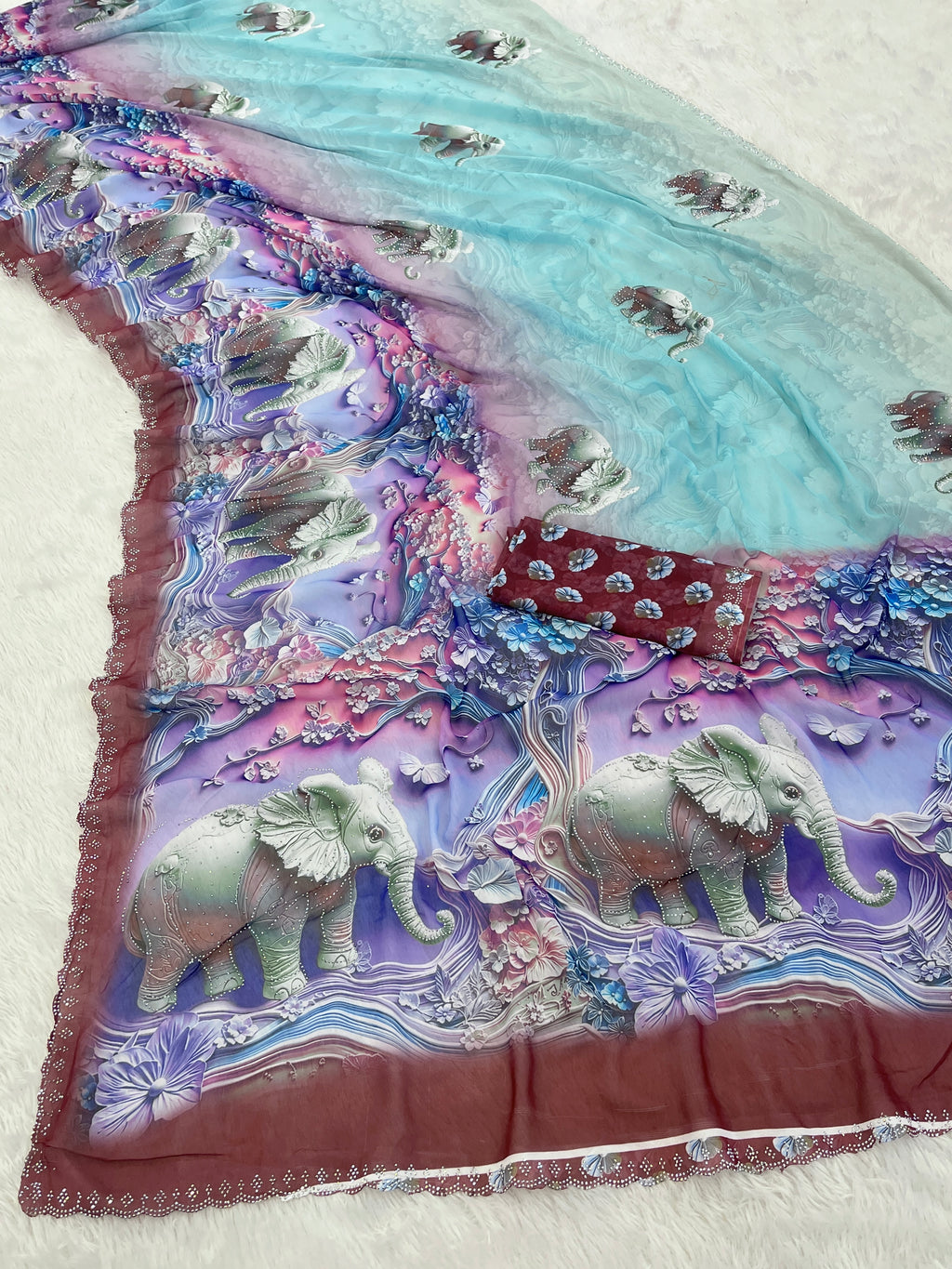 NIRALI Georgette Digital Floral Printed Saree - Maroon