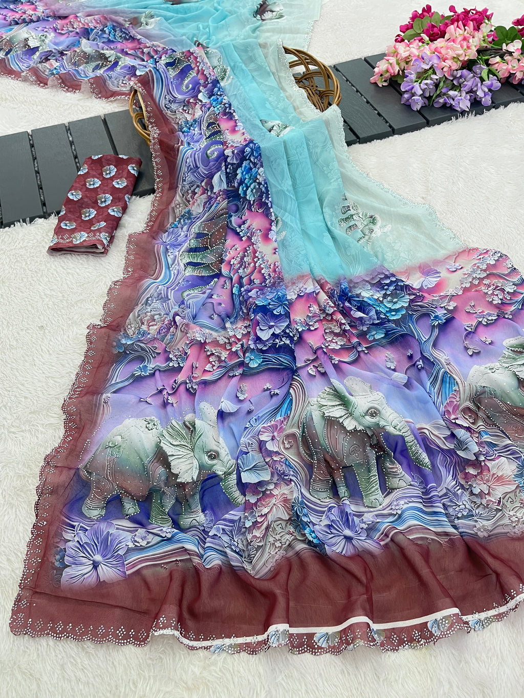 NIRALI Georgette Digital Floral Printed Saree - Maroon