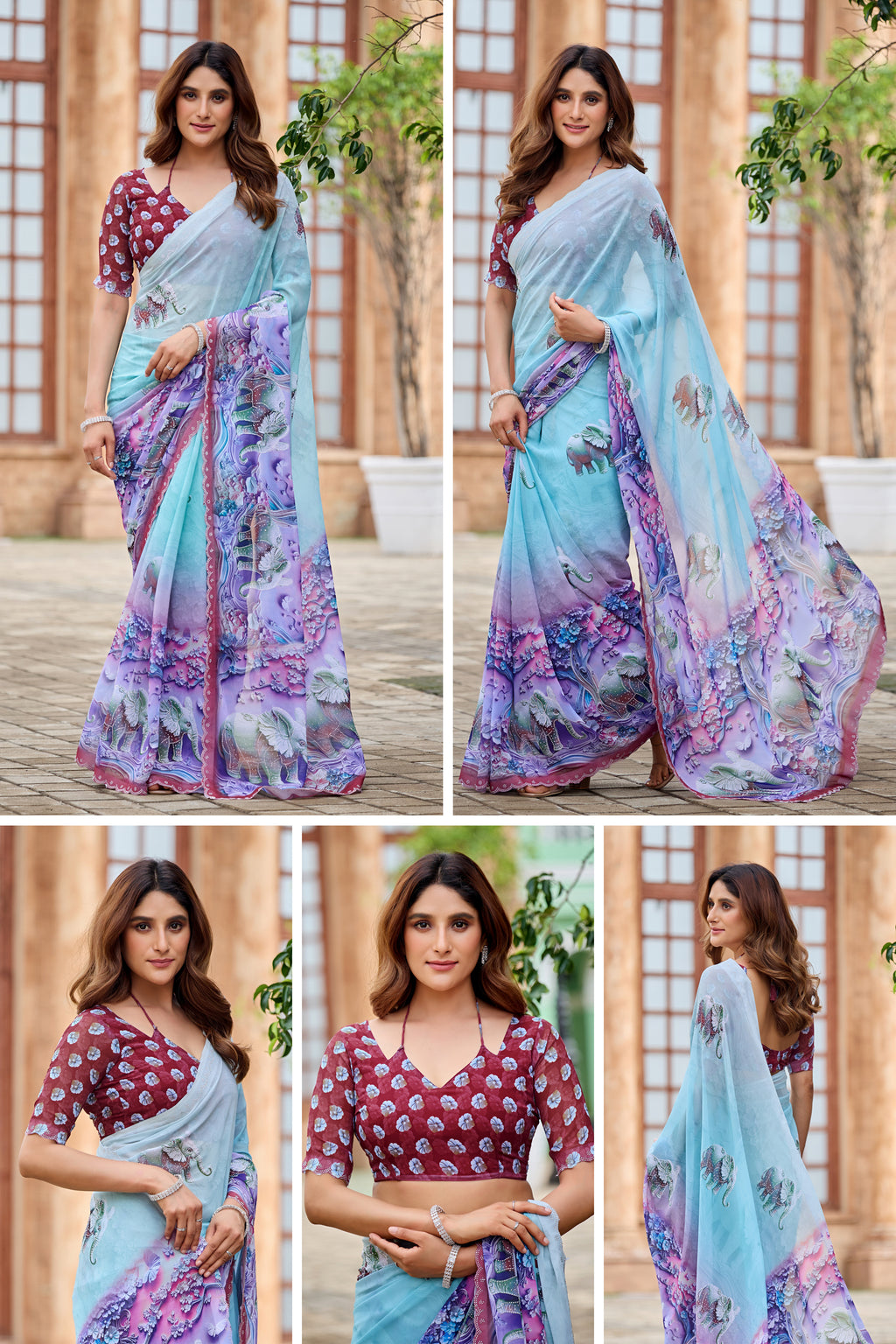NIRALI Georgette Digital Floral Printed Saree - Maroon