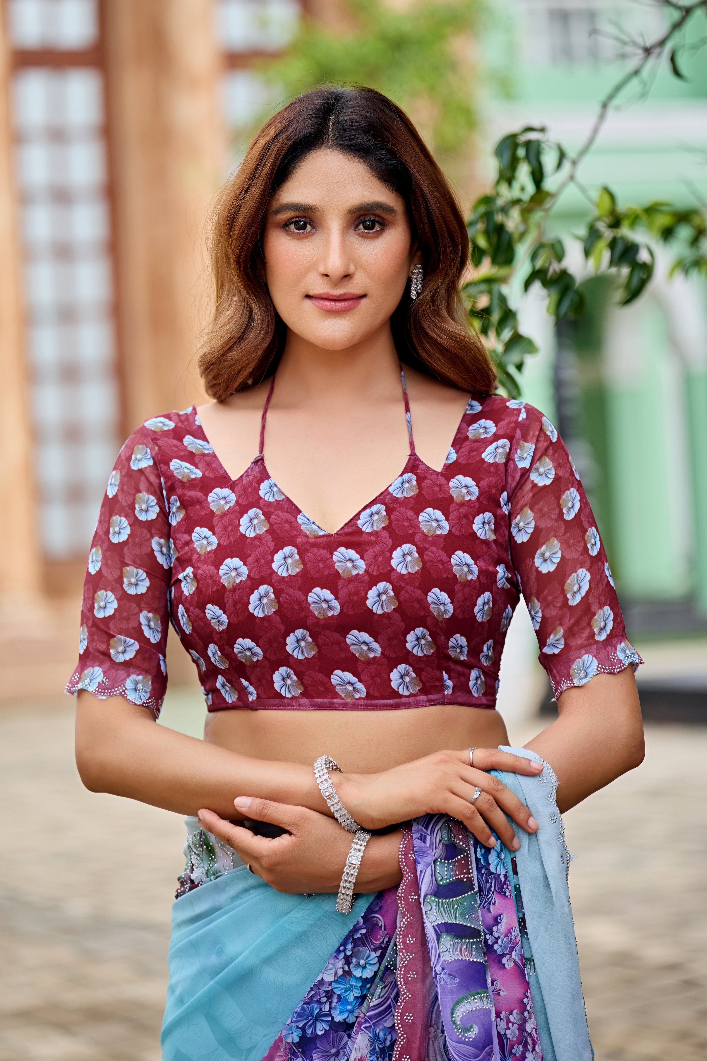 NIRALI Georgette Digital Floral Printed Saree - Maroon
