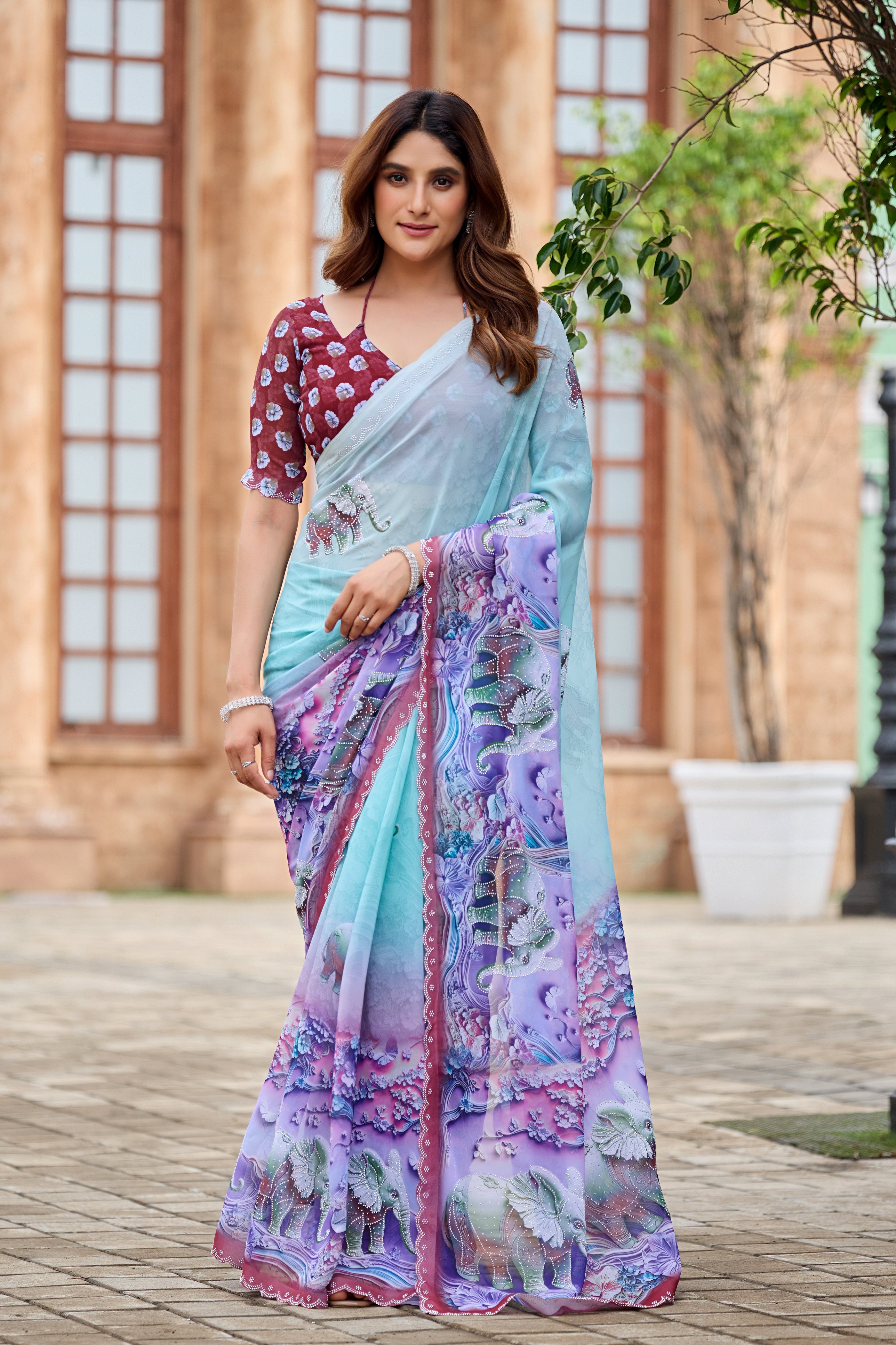 NIRALI Georgette Digital Floral Printed Saree - Maroon