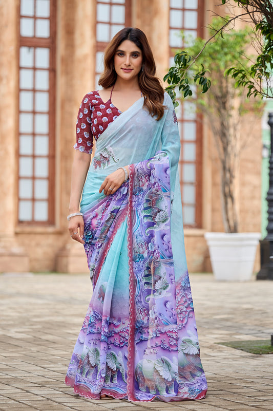 NIRALI Georgette Digital Floral Printed Saree - Maroon