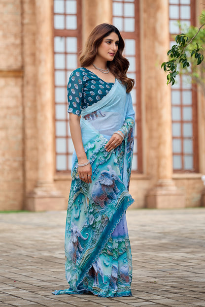 NIRALI Georgette Digital Floral Printed Saree - Mor Peach