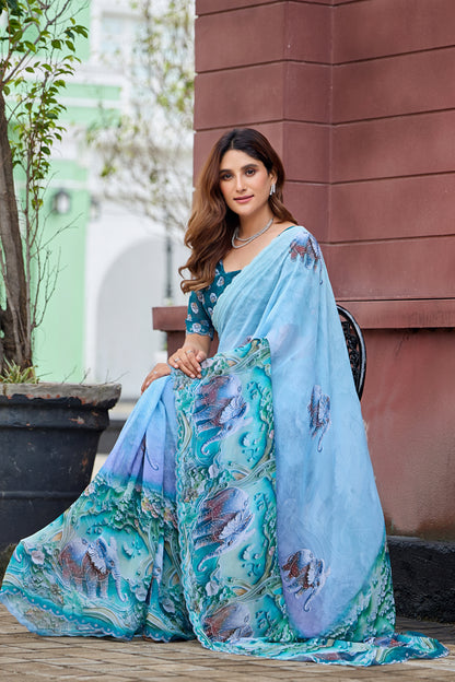 NIRALI Georgette Digital Floral Printed Saree - Mor Peach