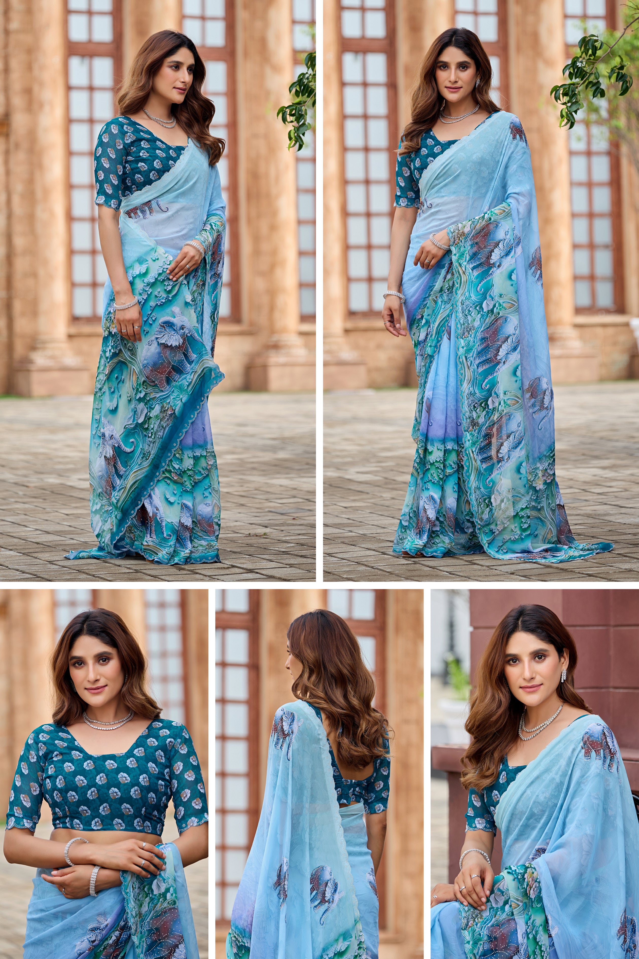 NIRALI Georgette Digital Floral Printed Saree - Mor Peach