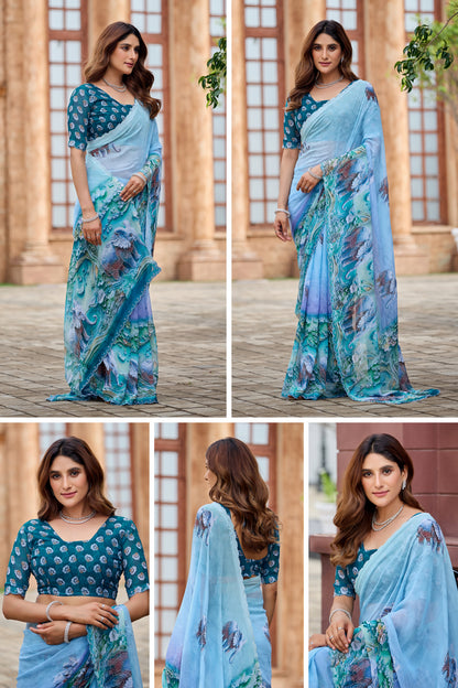 NIRALI Georgette Digital Floral Printed Saree - Mor Peach
