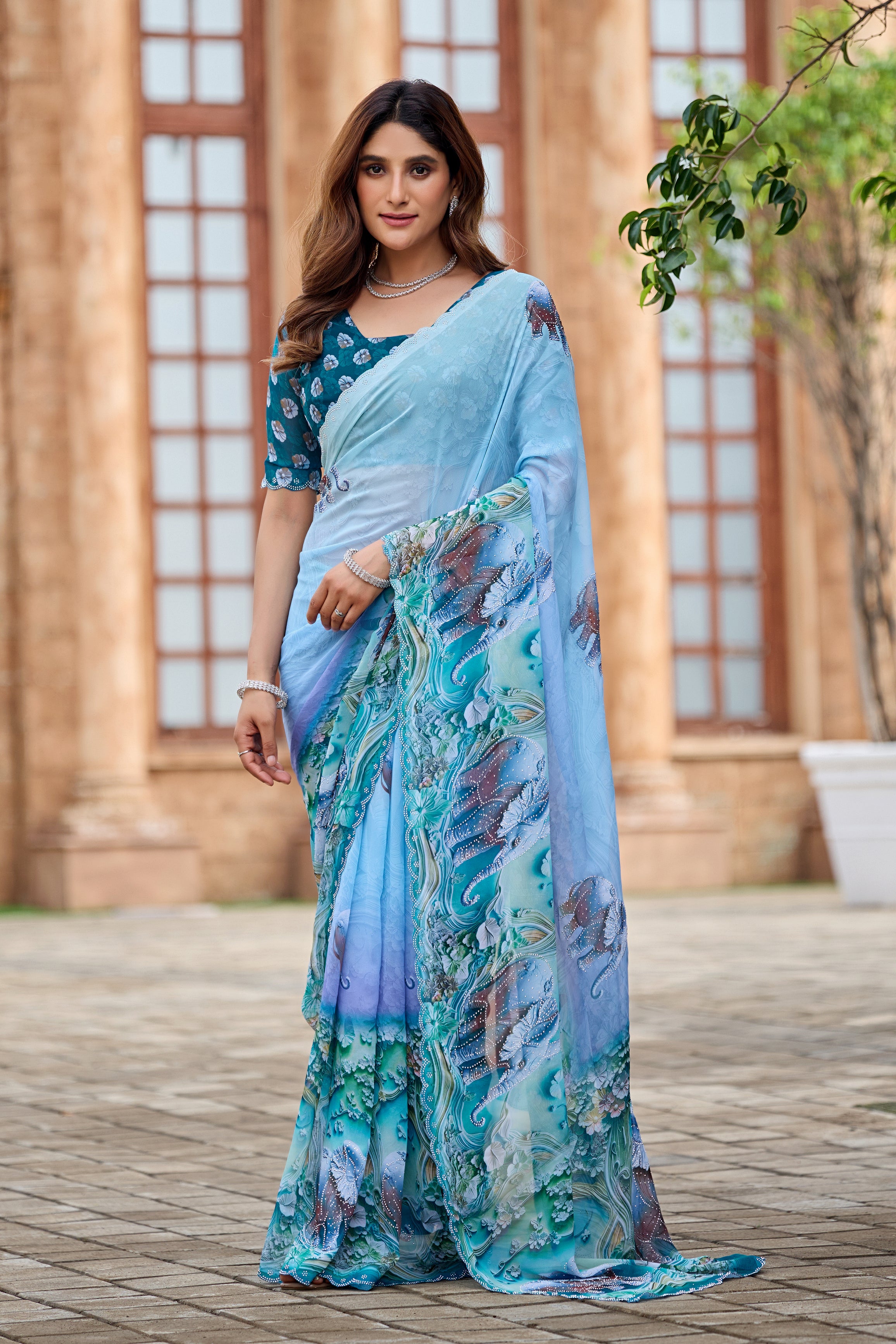 NIRALI Georgette Digital Floral Printed Saree - Mor Peach