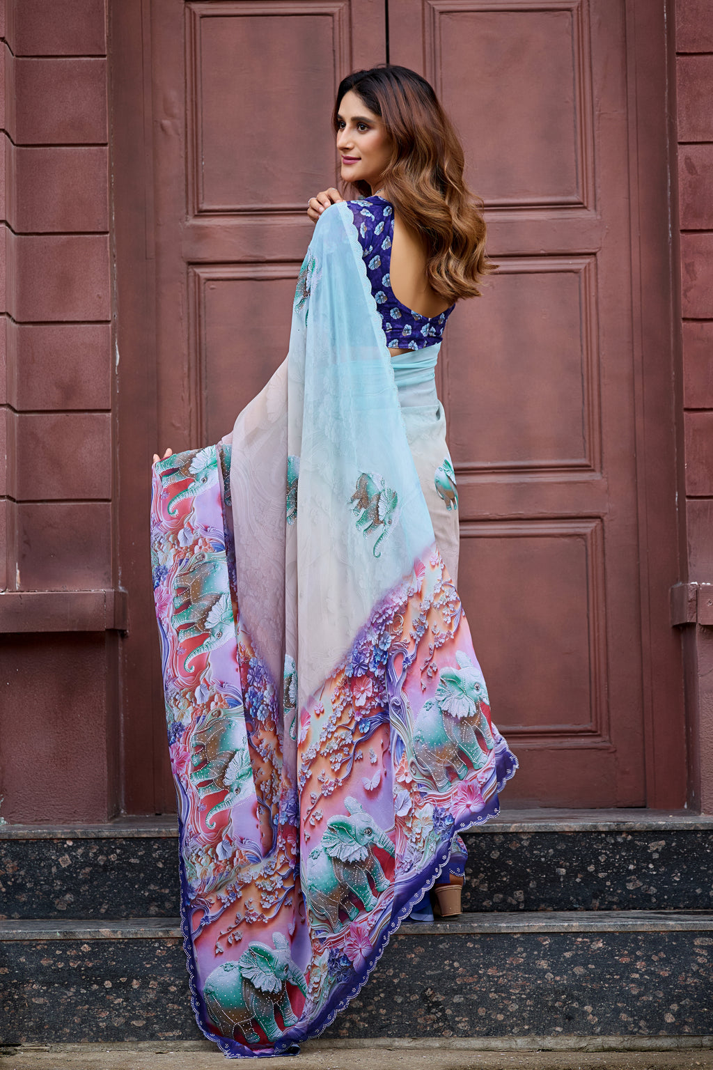 NIRALI Georgette Digital Floral Printed Saree - Navy Blue
