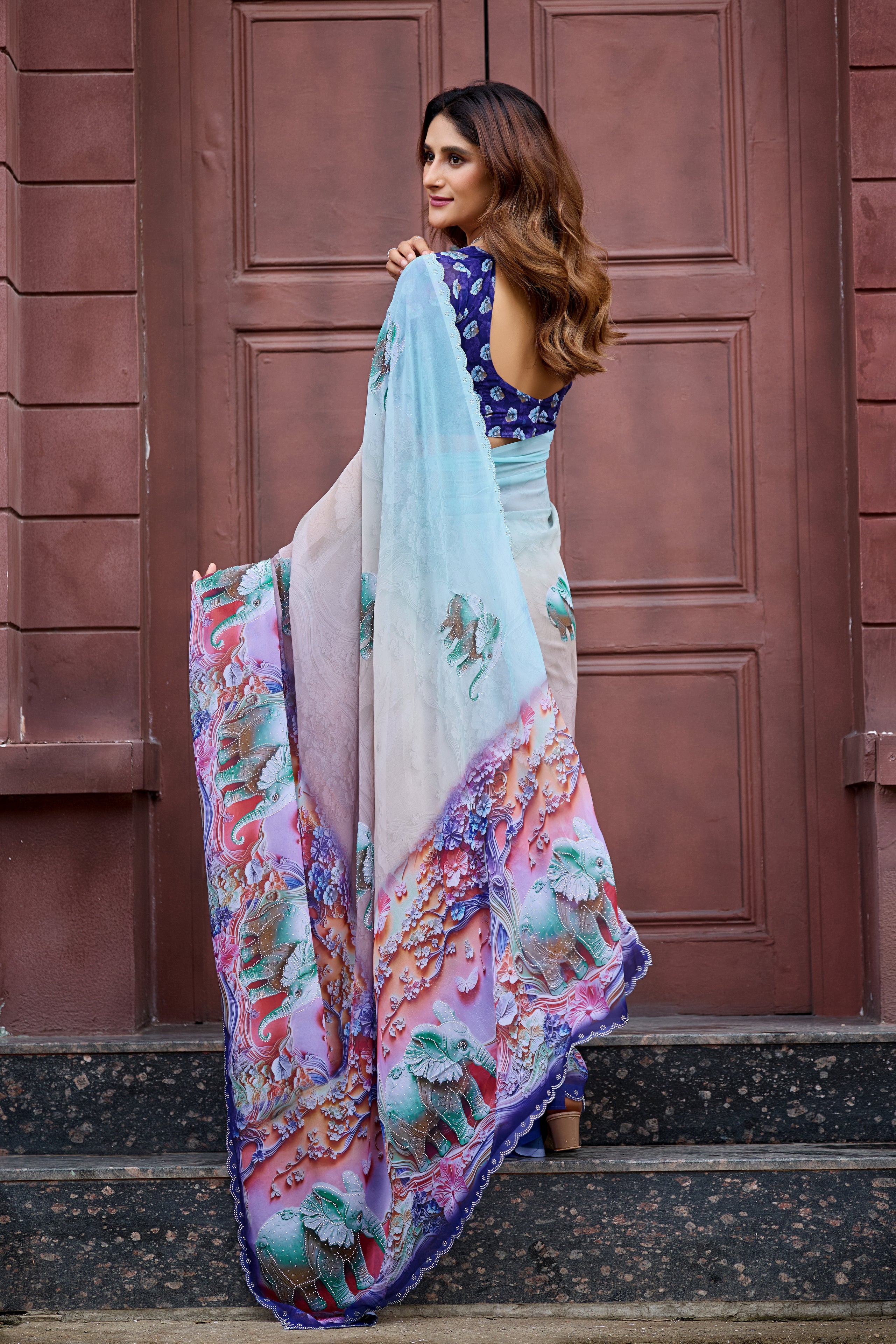 NIRALI Georgette Digital Floral Printed Saree - Navy Blue