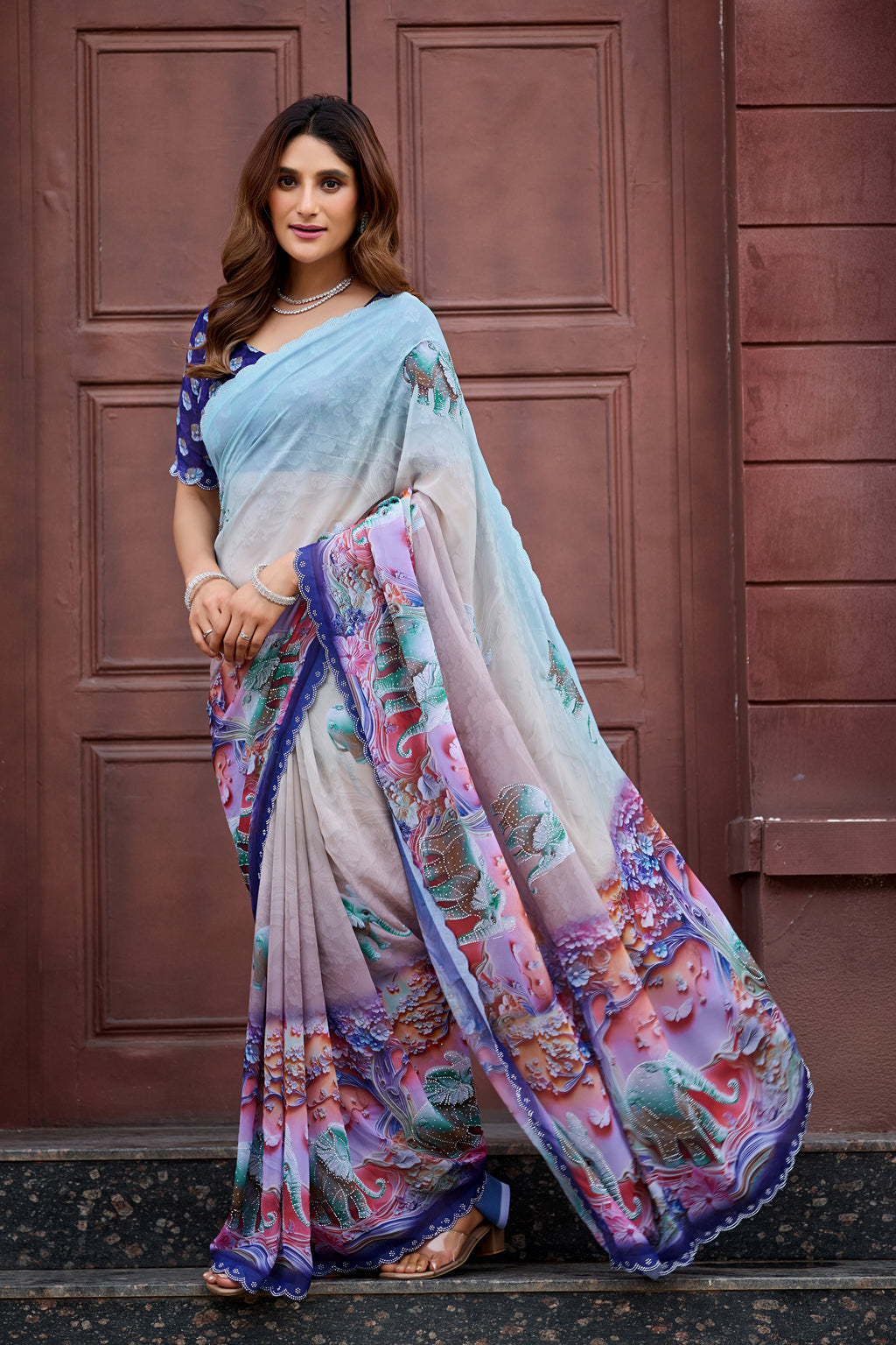 NIRALI Georgette Digital Floral Printed Saree - Navy Blue
