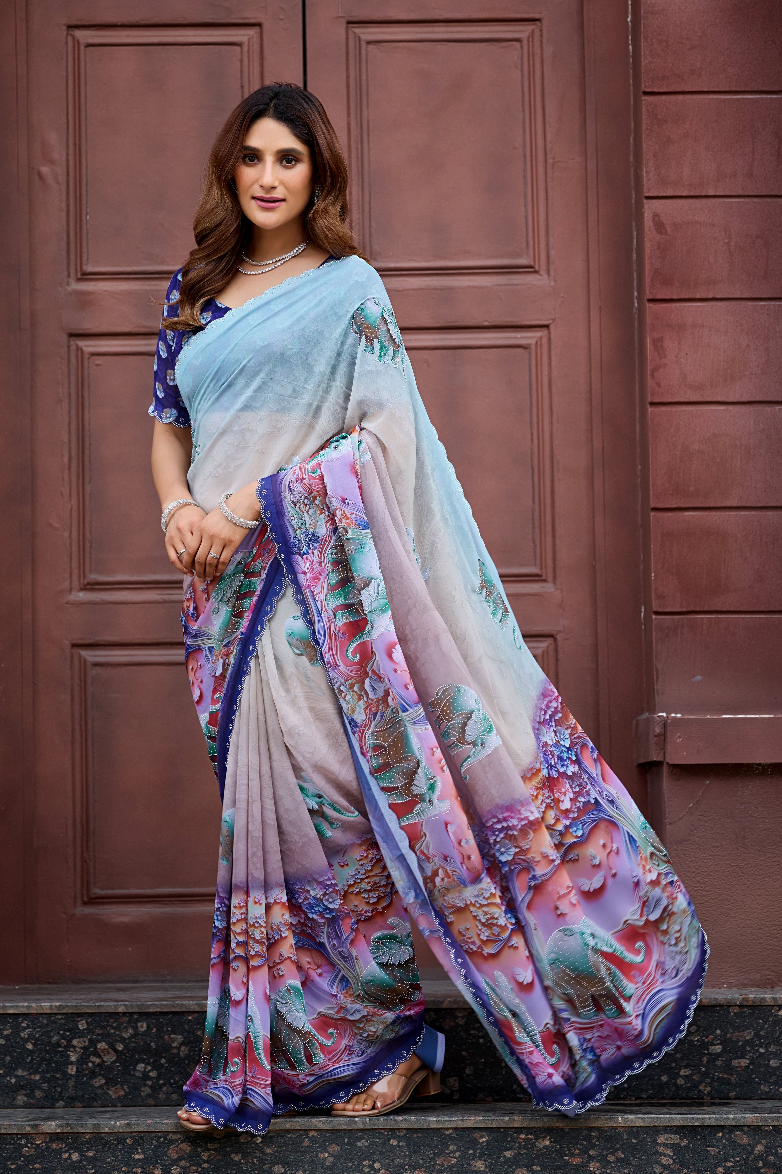 NIRALI Georgette Digital Floral Printed Saree - Navy Blue