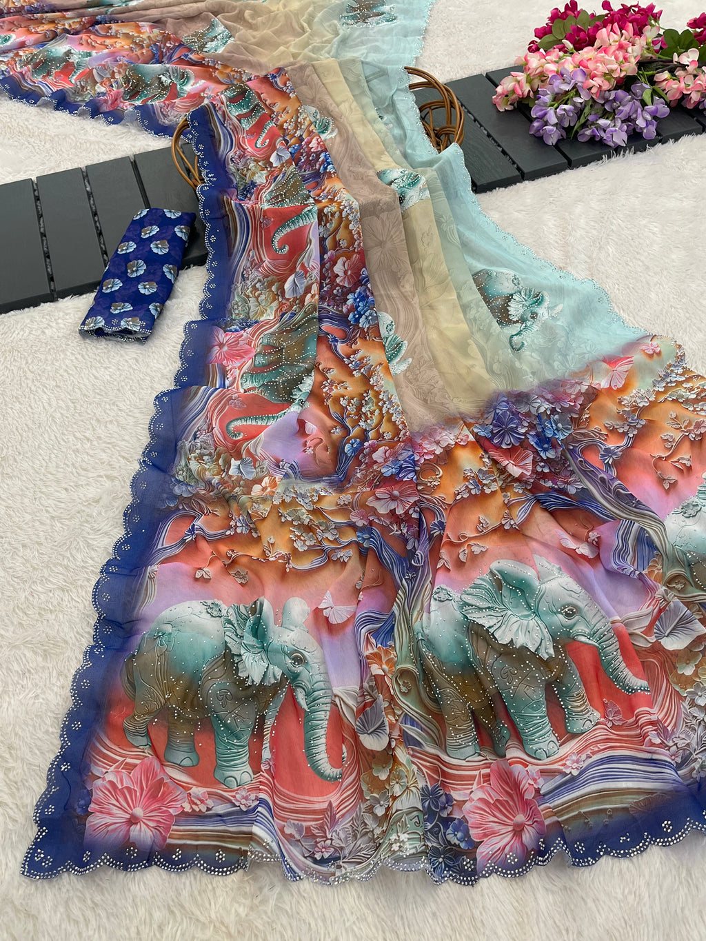 NIRALI Georgette Digital Floral Printed Saree - Navy Blue