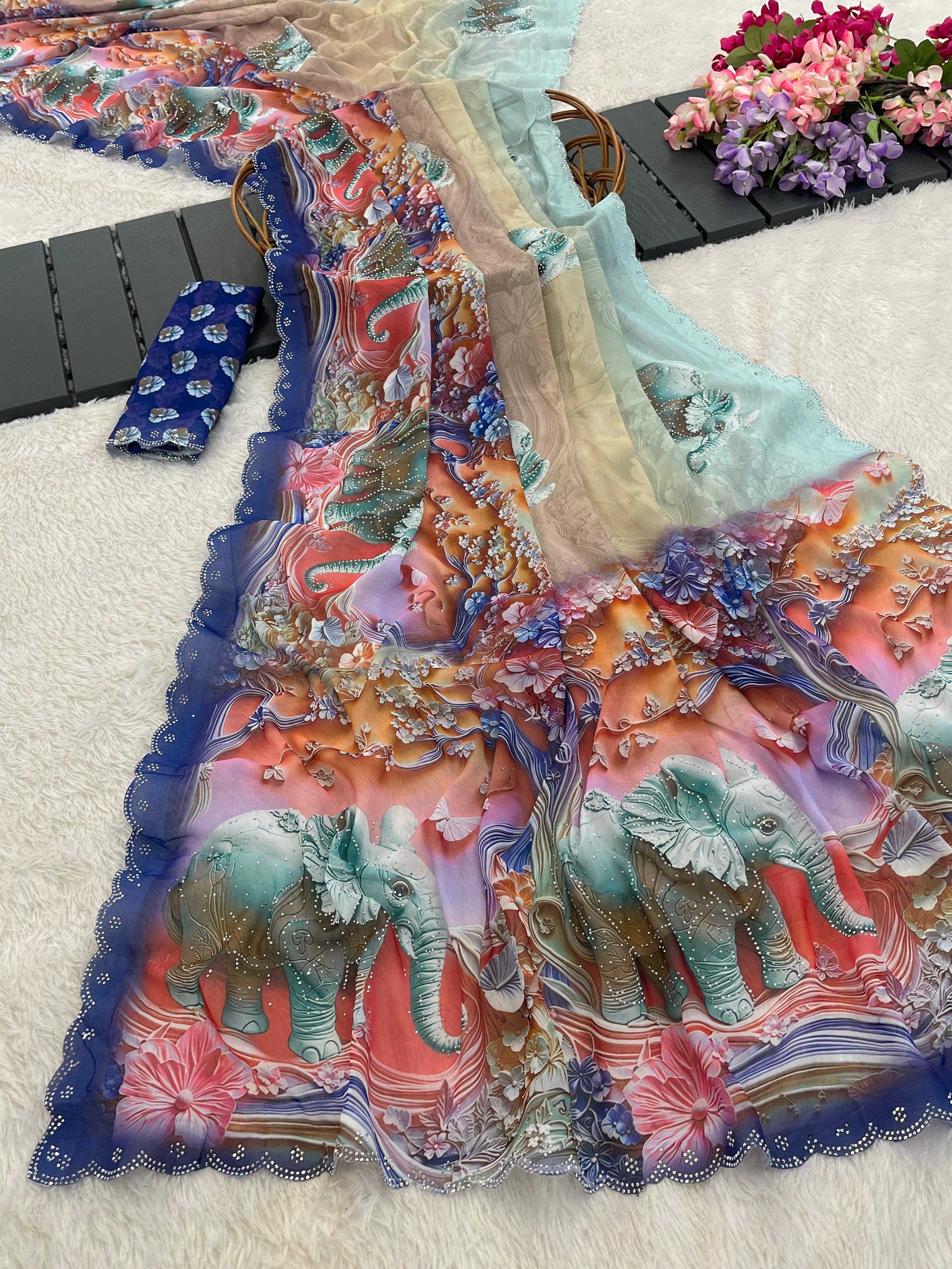 NIRALI Georgette Digital Floral Printed Saree - Navy Blue
