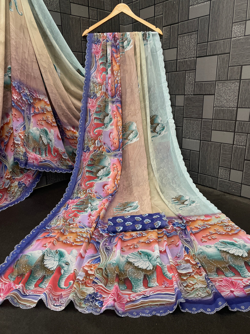 NIRALI Georgette Digital Floral Printed Saree - Navy Blue