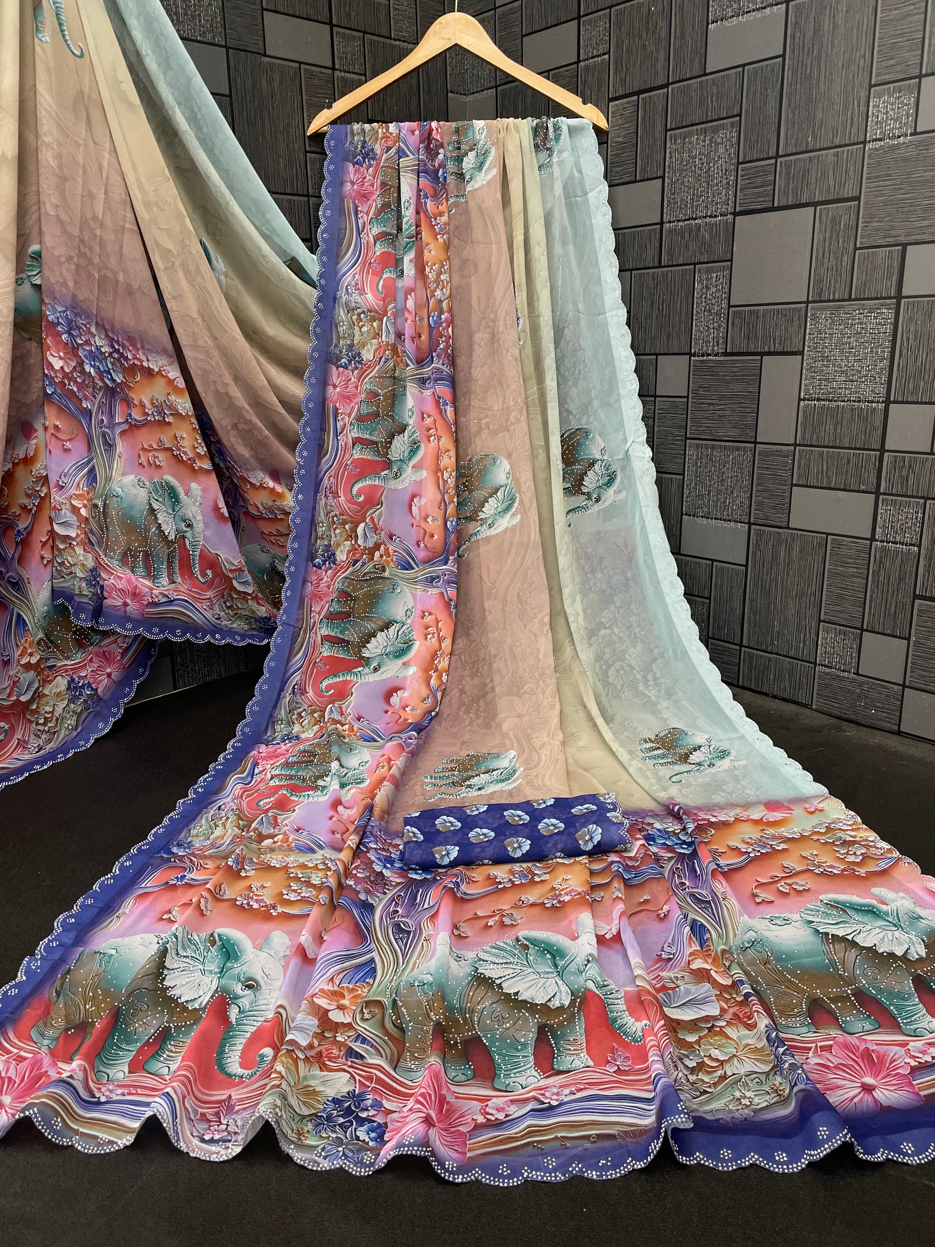 NIRALI Georgette Digital Floral Printed Saree - Navy Blue
