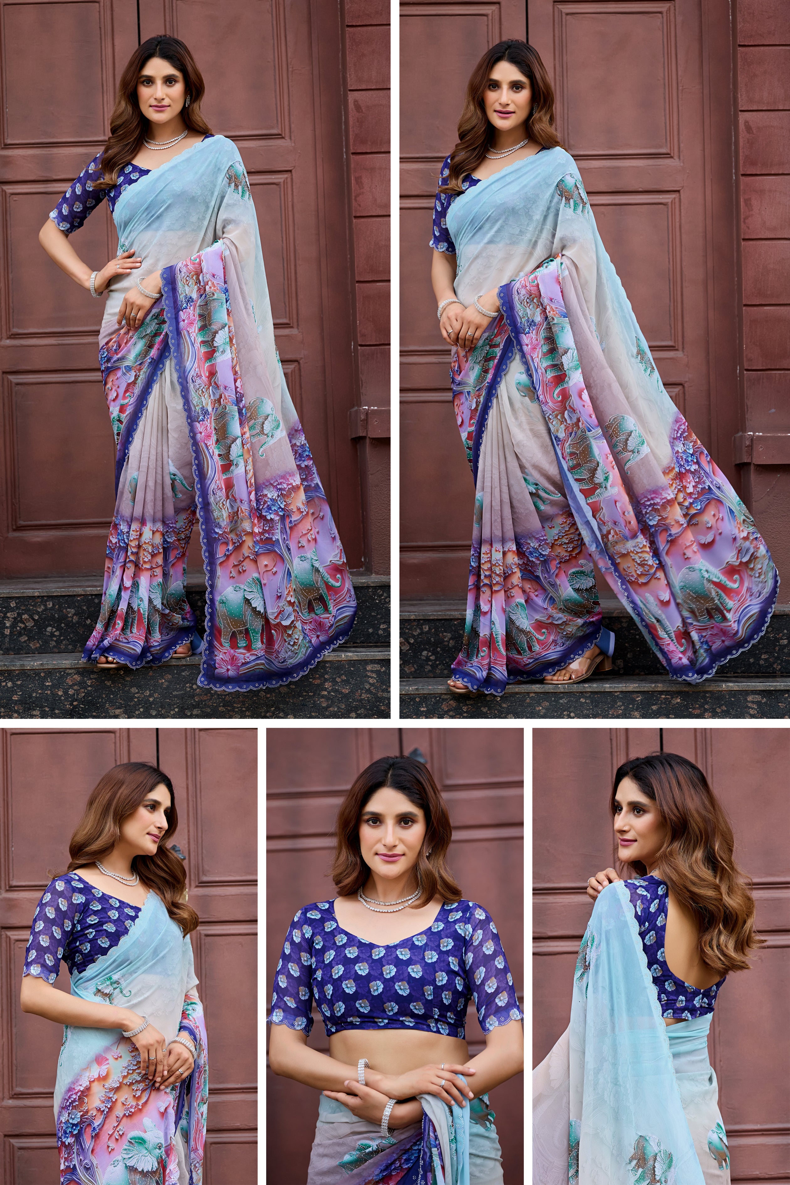 NIRALI Georgette Digital Floral Printed Saree - Navy Blue