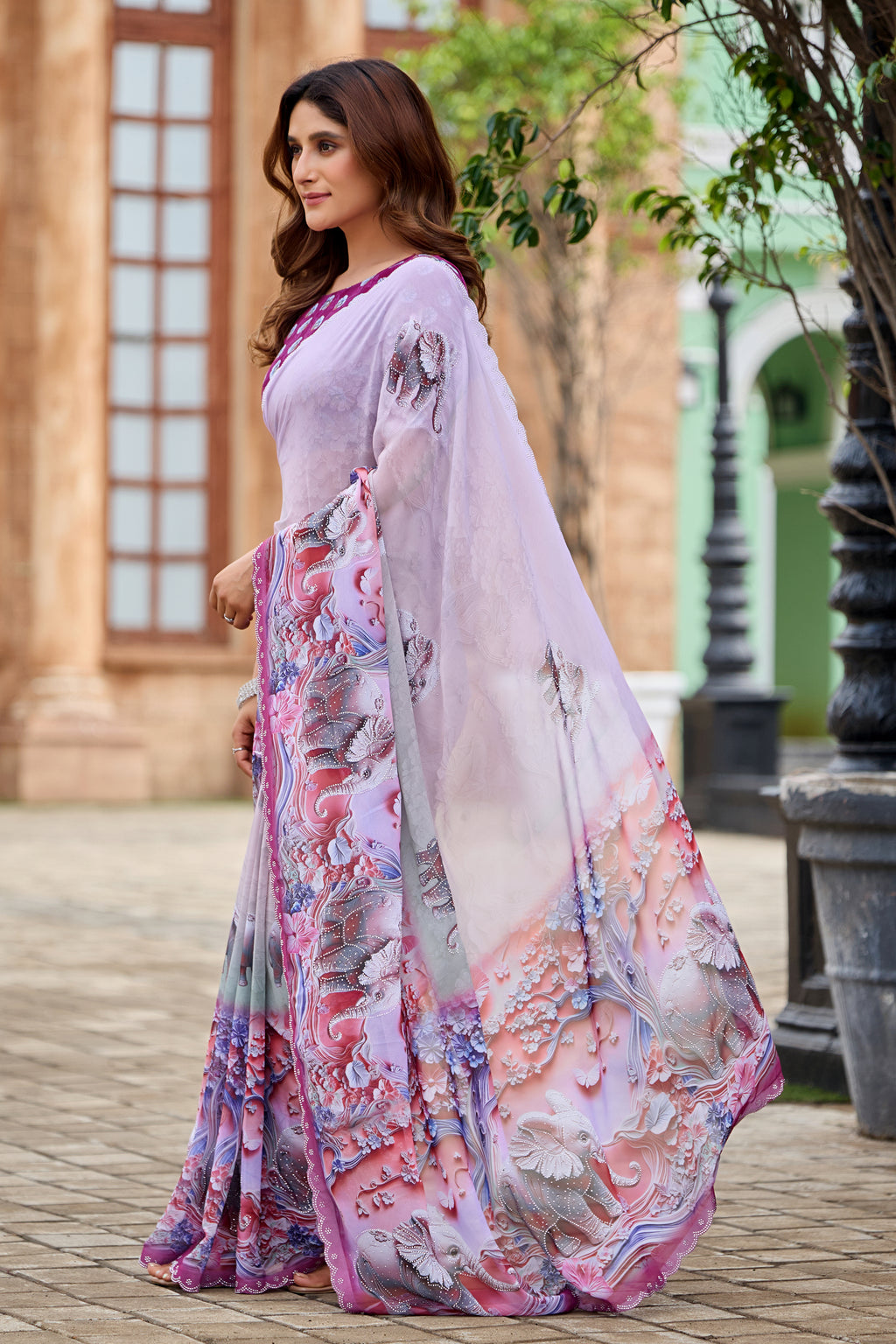 NIRALI Georgette Digital Floral Printed Saree - Wine
