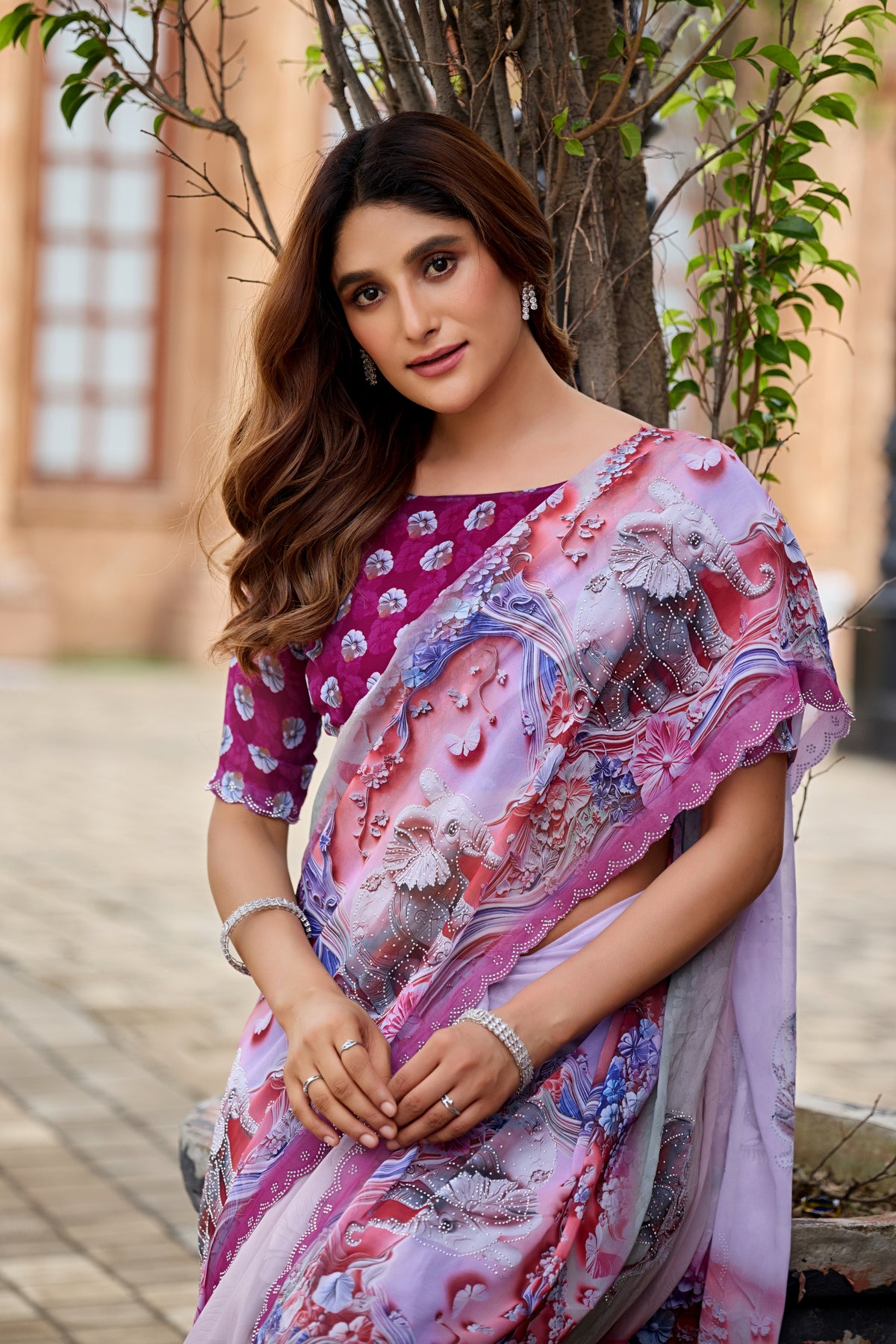 NIRALI Georgette Digital Floral Printed Saree - Wine