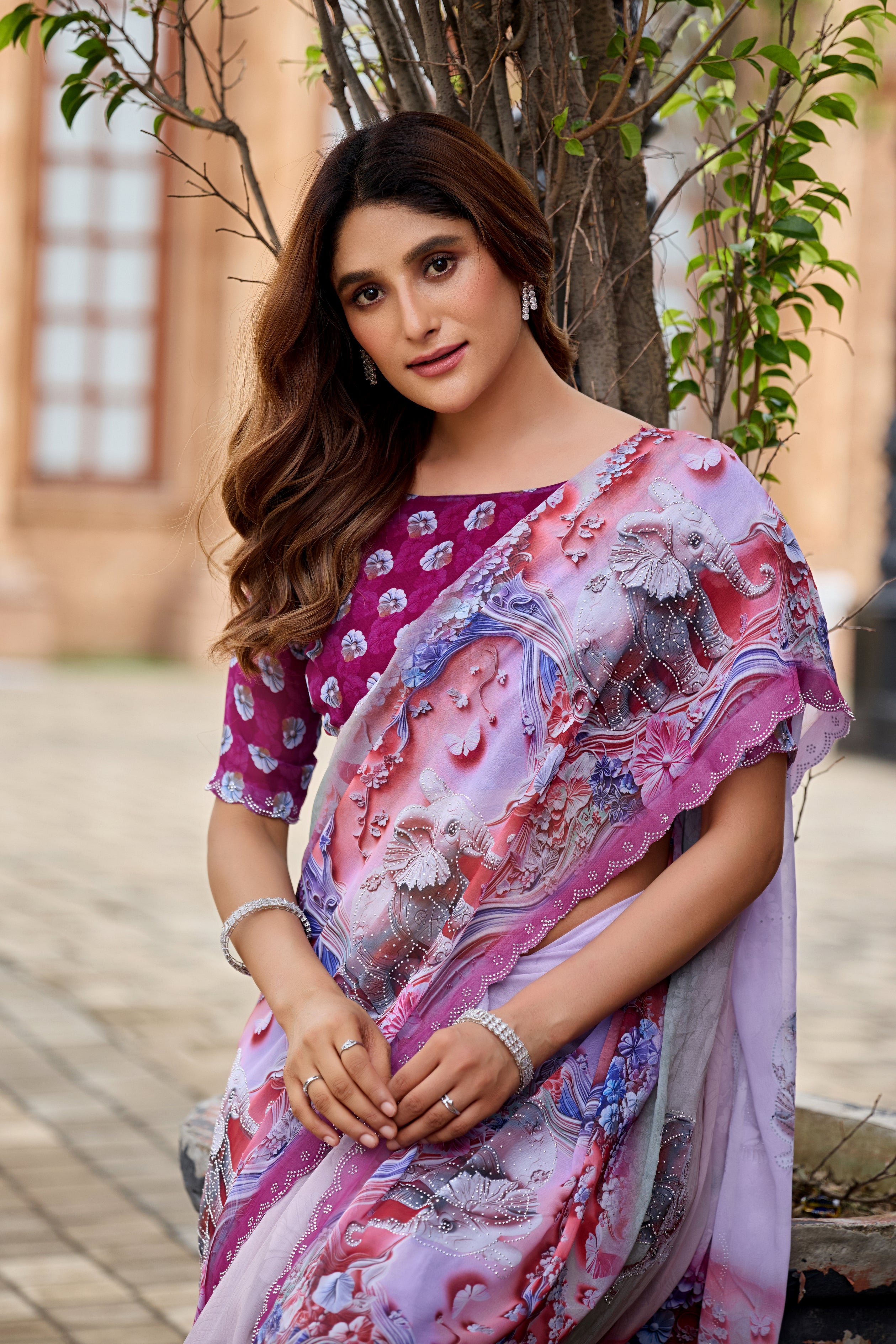 NIRALI Georgette Digital Floral Printed Saree - Wine