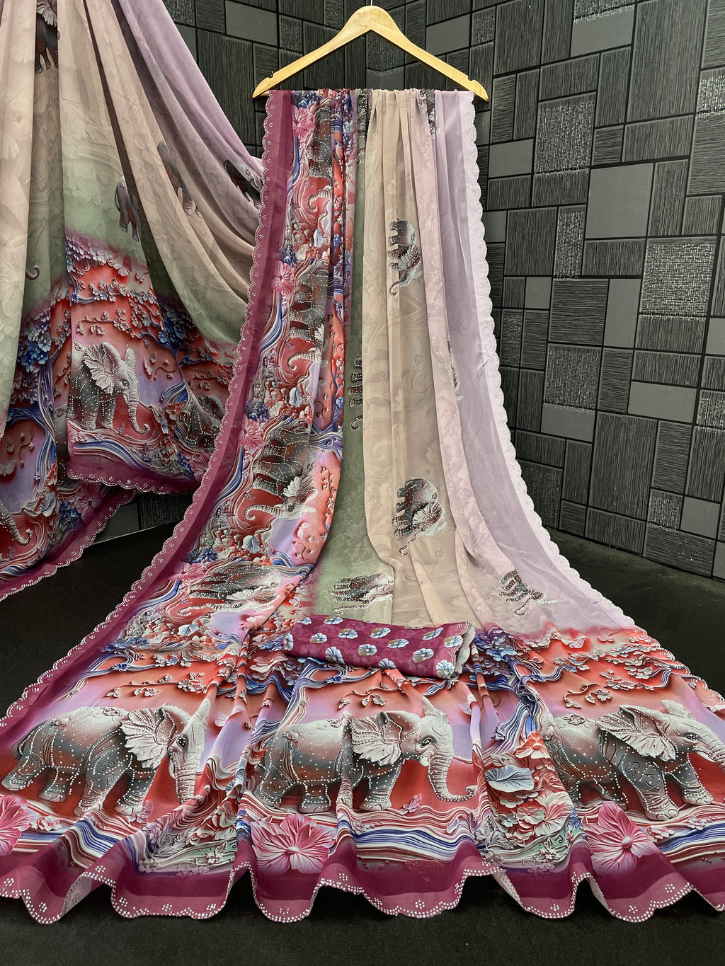 NIRALI Georgette Digital Floral Printed Saree - Wine