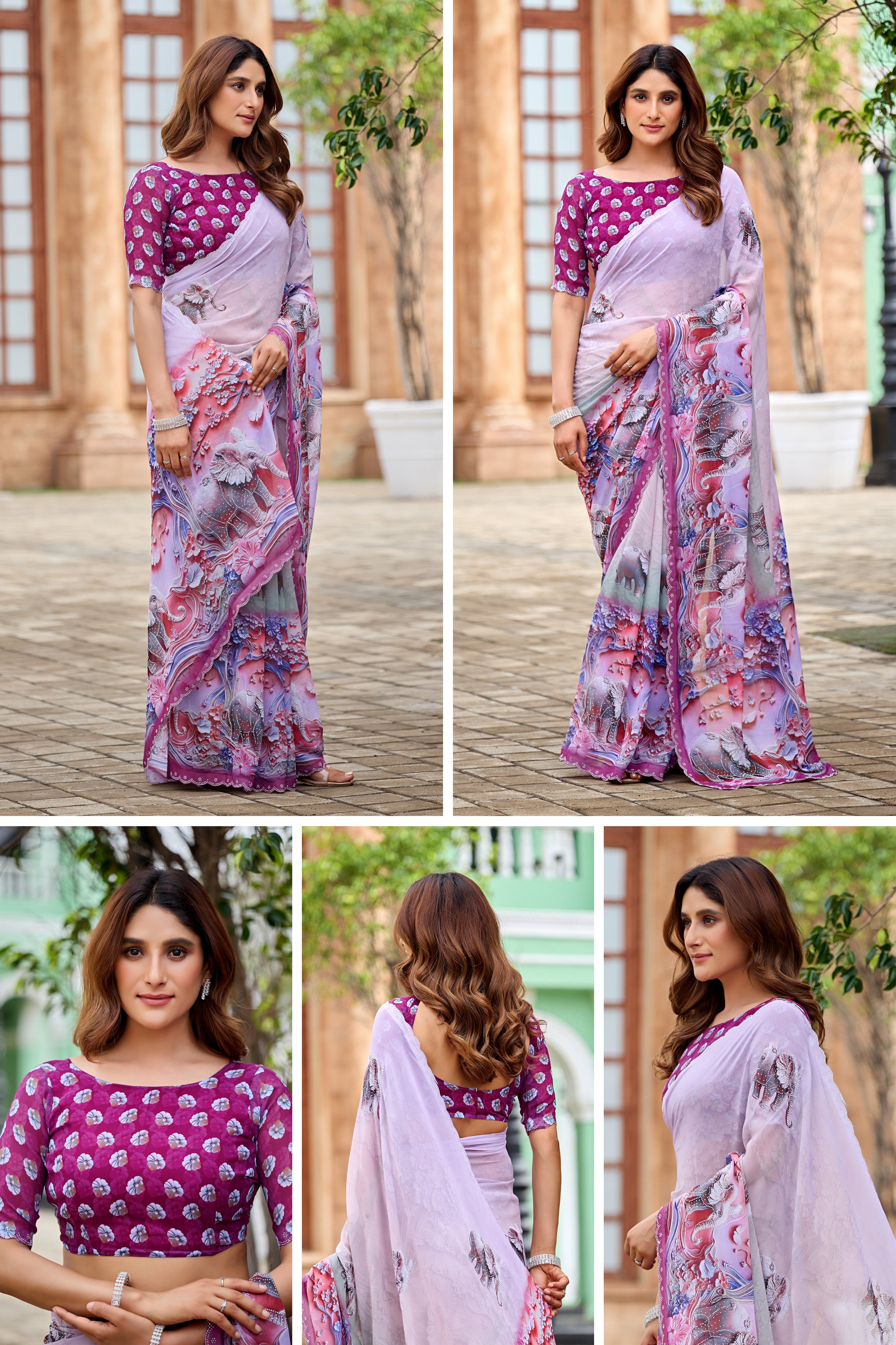 NIRALI Georgette Digital Floral Printed Saree - Wine