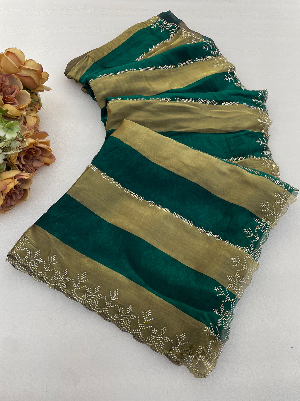 SANCHITA Satin Embellished Embroidered Saree - Bottle Green