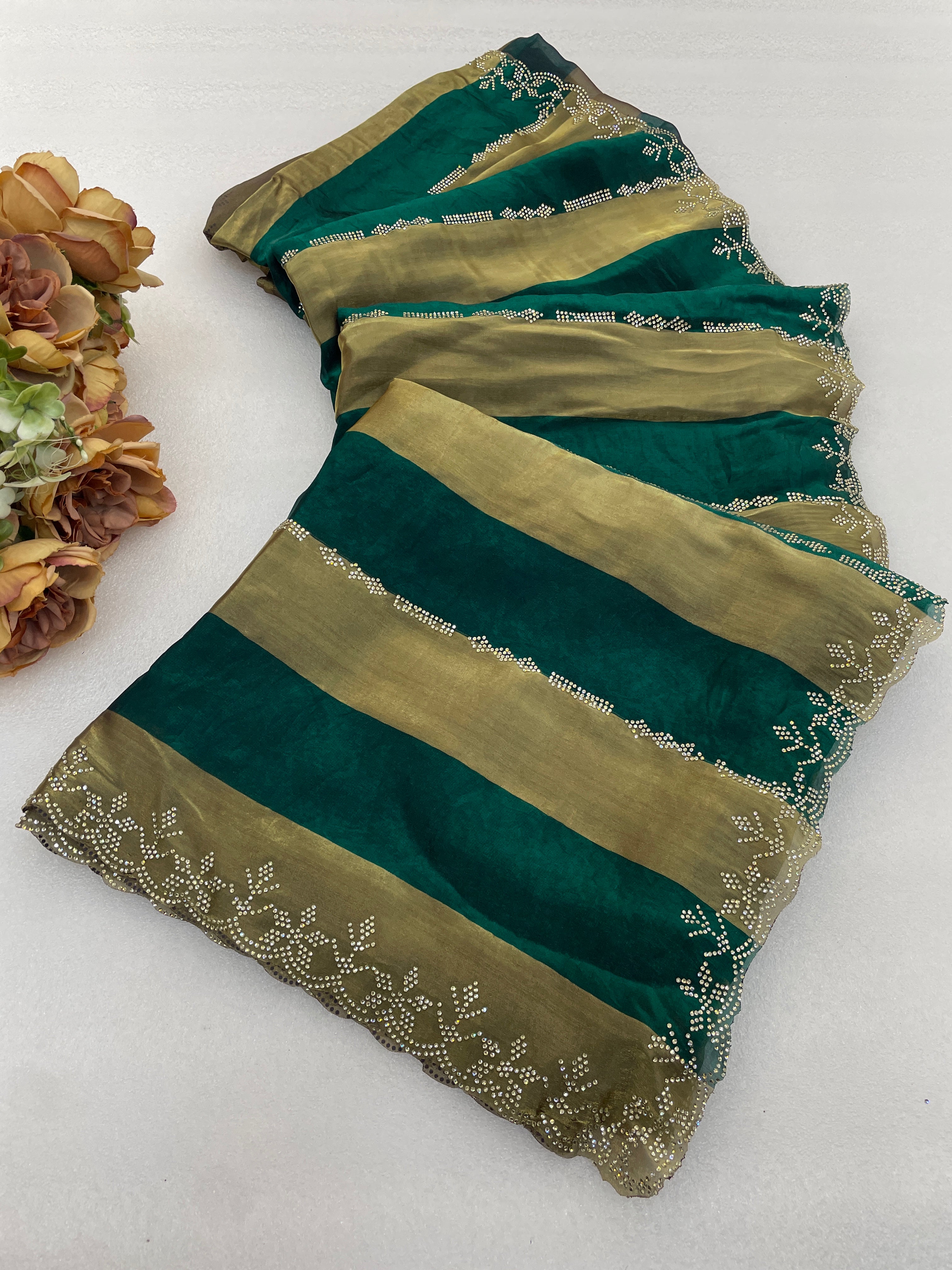 SANCHITA Satin Embellished Embroidered Saree - Bottle Green