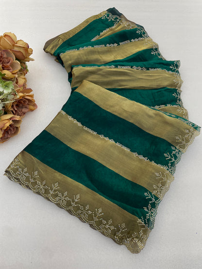 SANCHITA Satin Embellished Embroidered Saree - Bottle Green