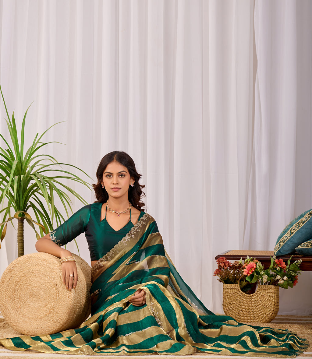 SANCHITA Satin Embellished Embroidered Saree - Bottle Green