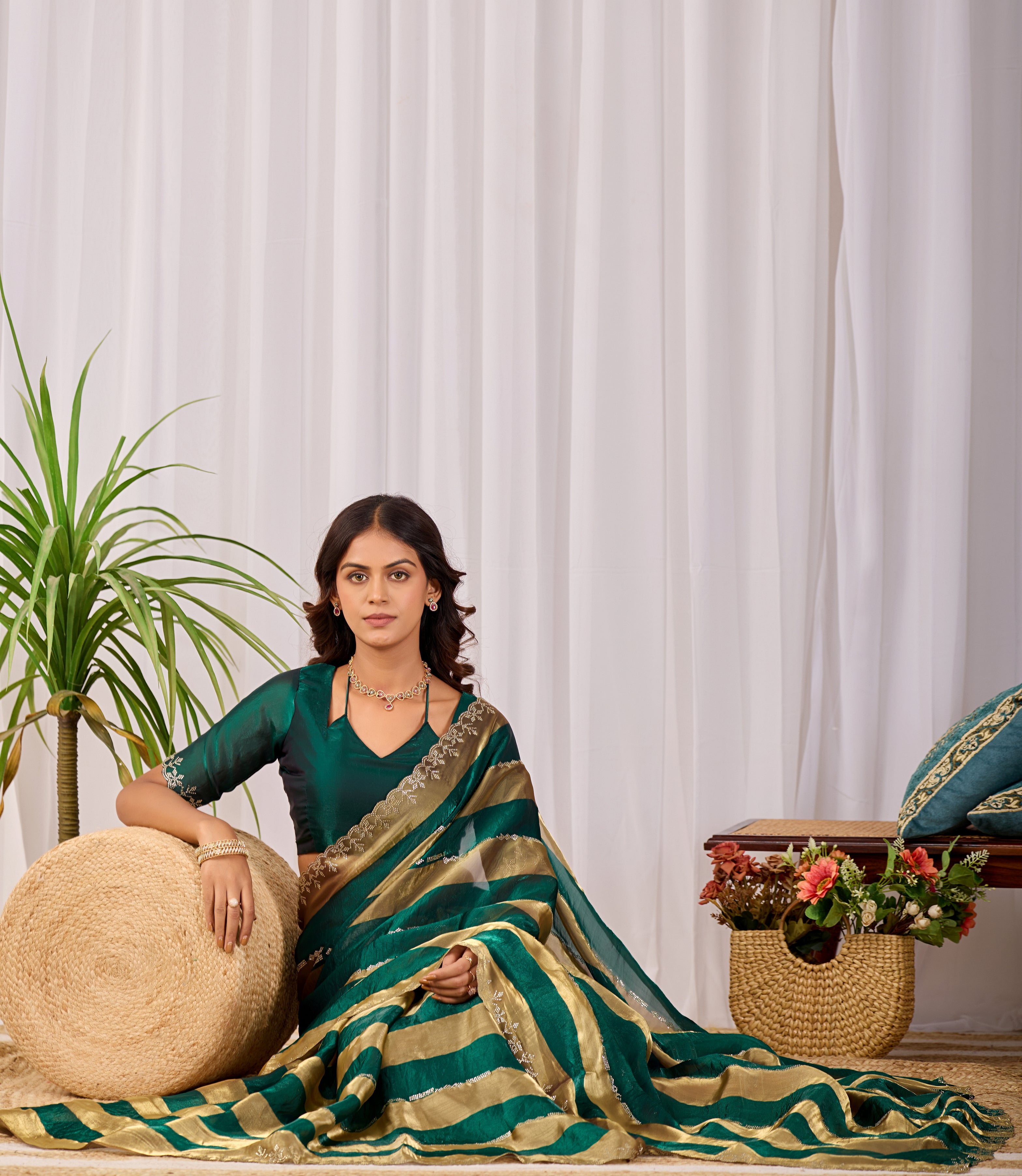 SANCHITA Satin Embellished Embroidered Saree - Bottle Green