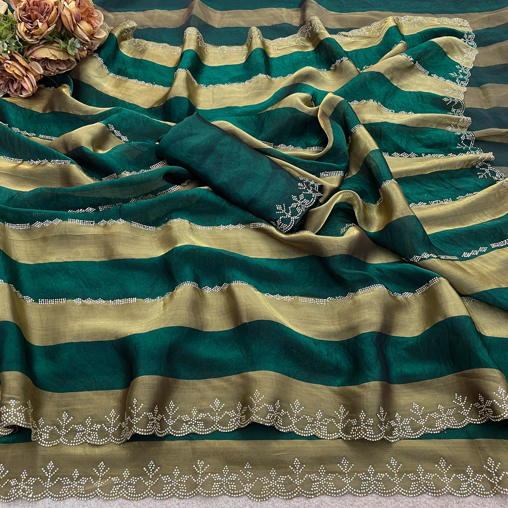 SANCHITA Satin Embellished Embroidered Saree - Bottle Green