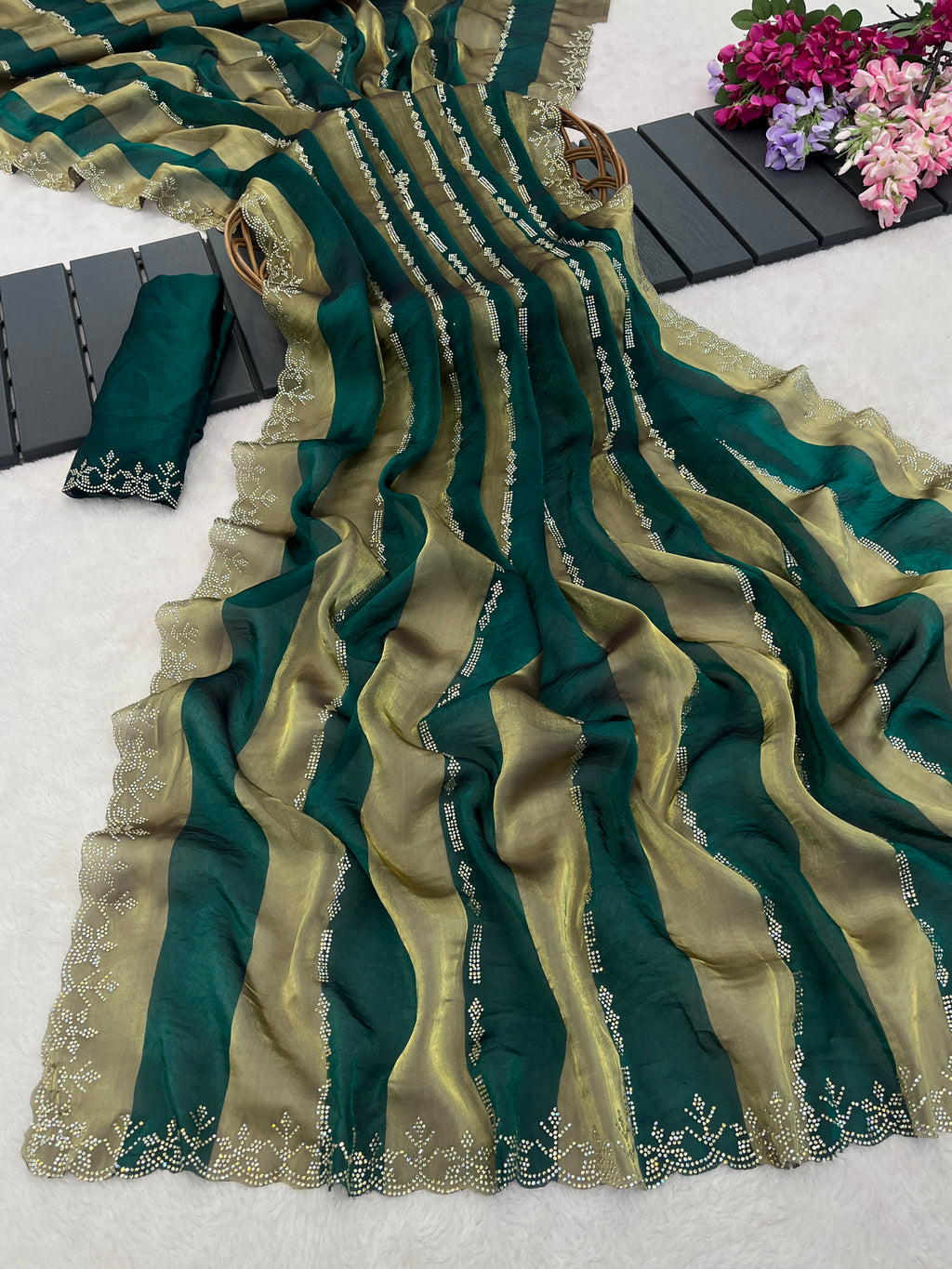 SANCHITA Satin Embellished Embroidered Saree - Bottle Green