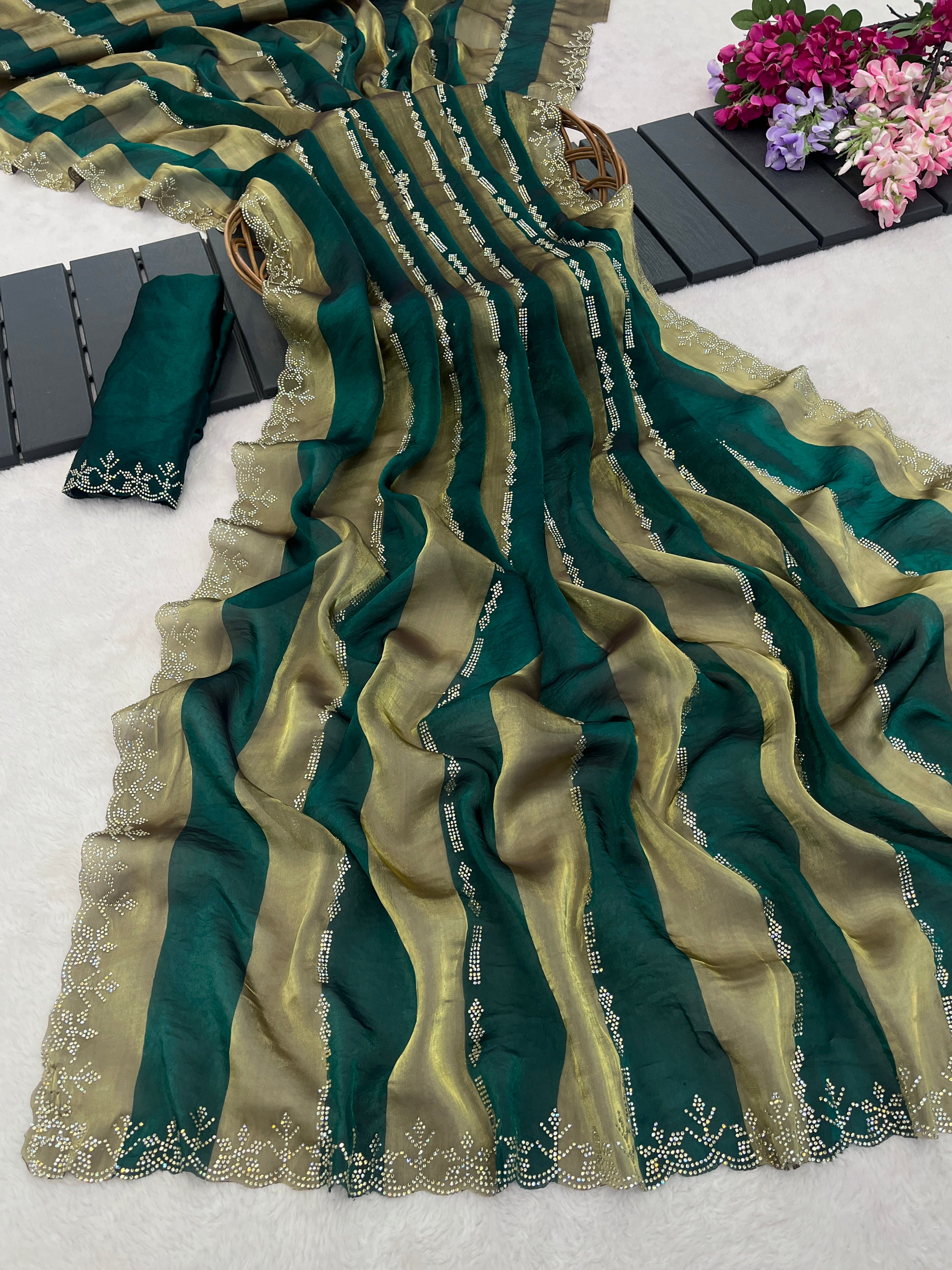 SANCHITA Satin Embellished Embroidered Saree - Bottle Green