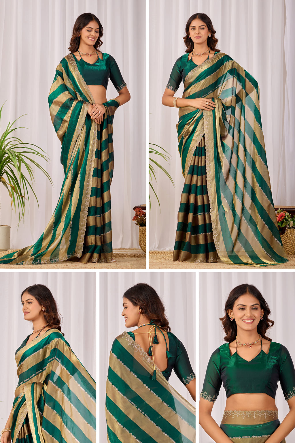 SANCHITA Satin Embellished Embroidered Saree - Bottle Green