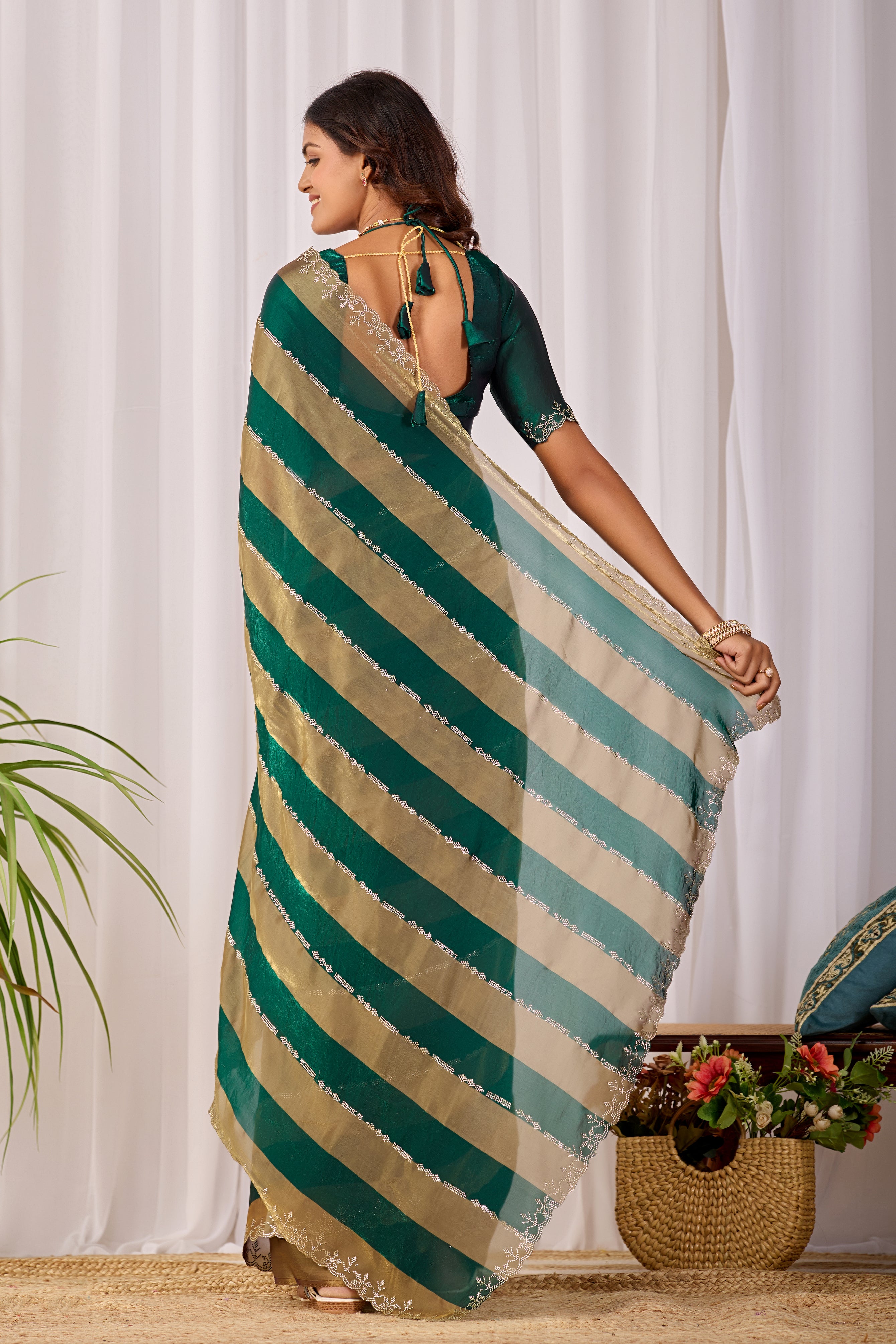 SANCHITA Satin Embellished Embroidered Saree - Bottle Green